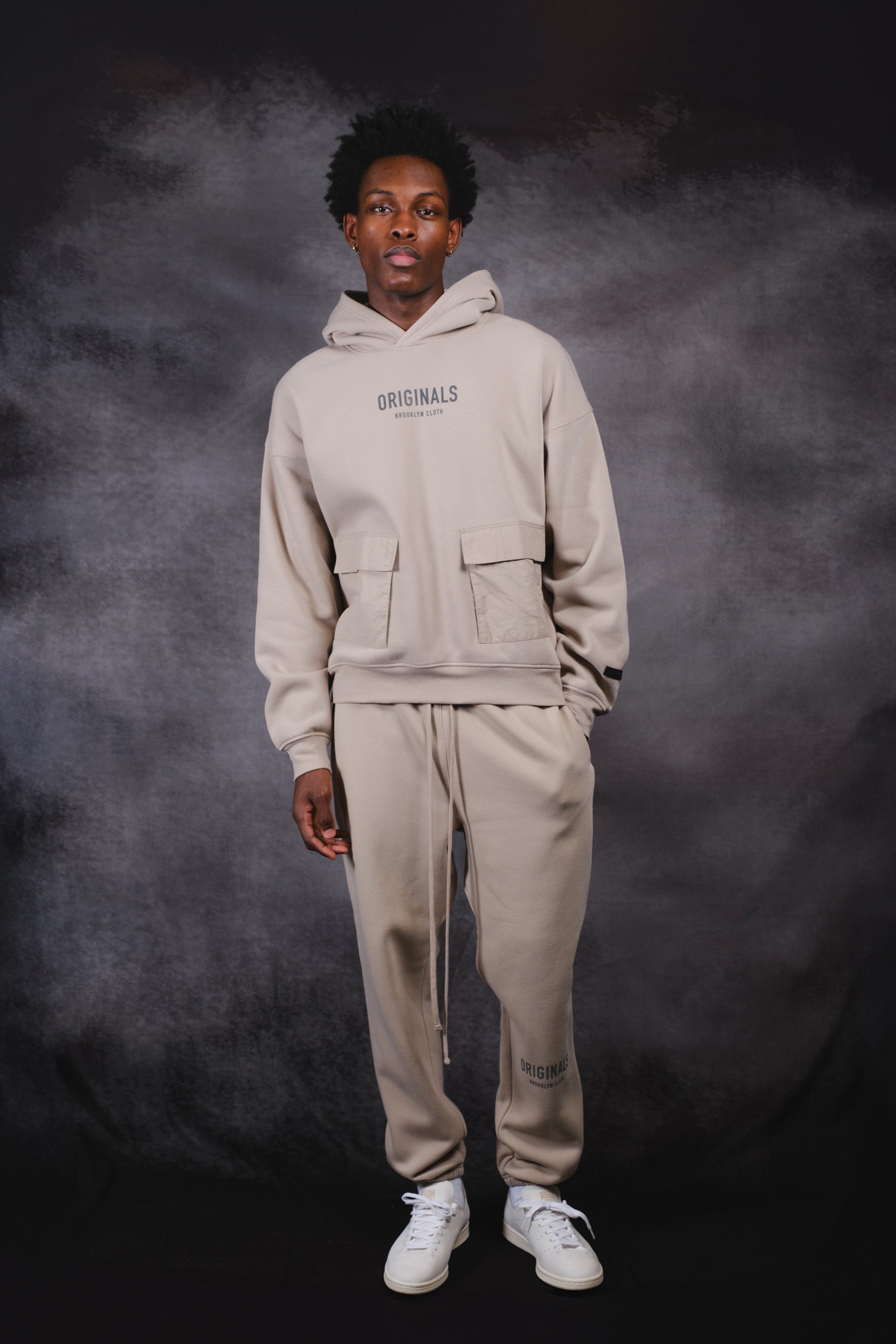 Originals Nylon Cargo Pocket Hoodie. #color_pumice stone