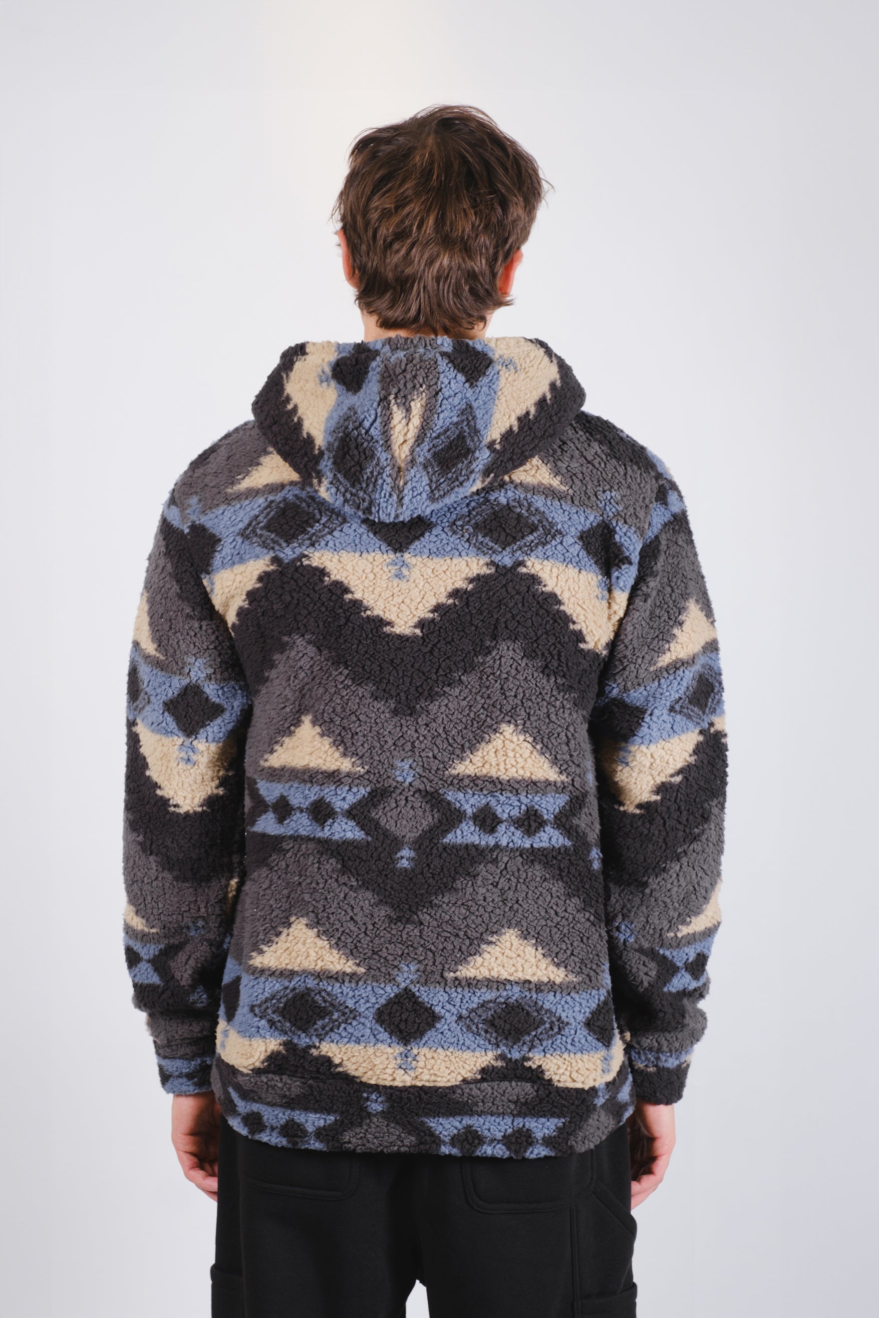 Sherpa Hoodie by brooklyn cloth 
Men's smultipcolor native print, black, blue, grey, sand soft sherpa long sleeve hoodie, drawstring hood, and front pocket. #color_black