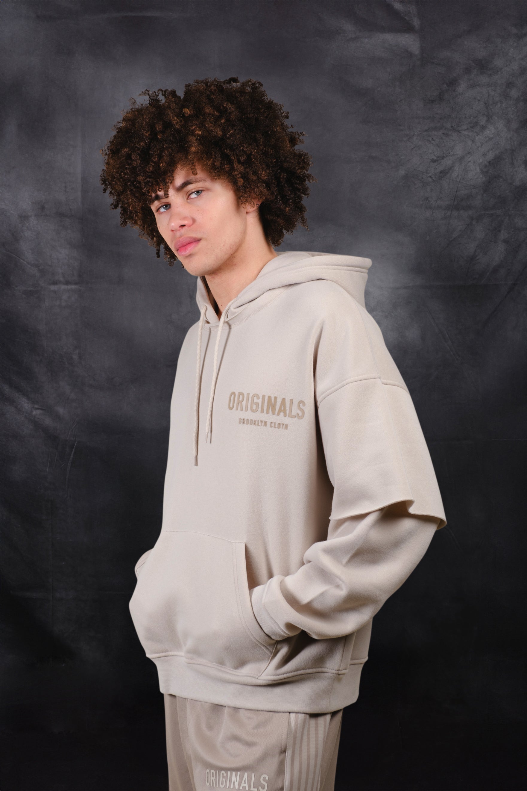 Men's pumice stone pullover long sleeve drawstring hoodie. #color_pumice stone