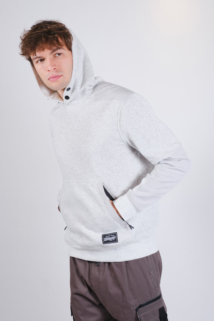 Men's grey fleece hoodie a front pouch pocket. #color_heather-grey