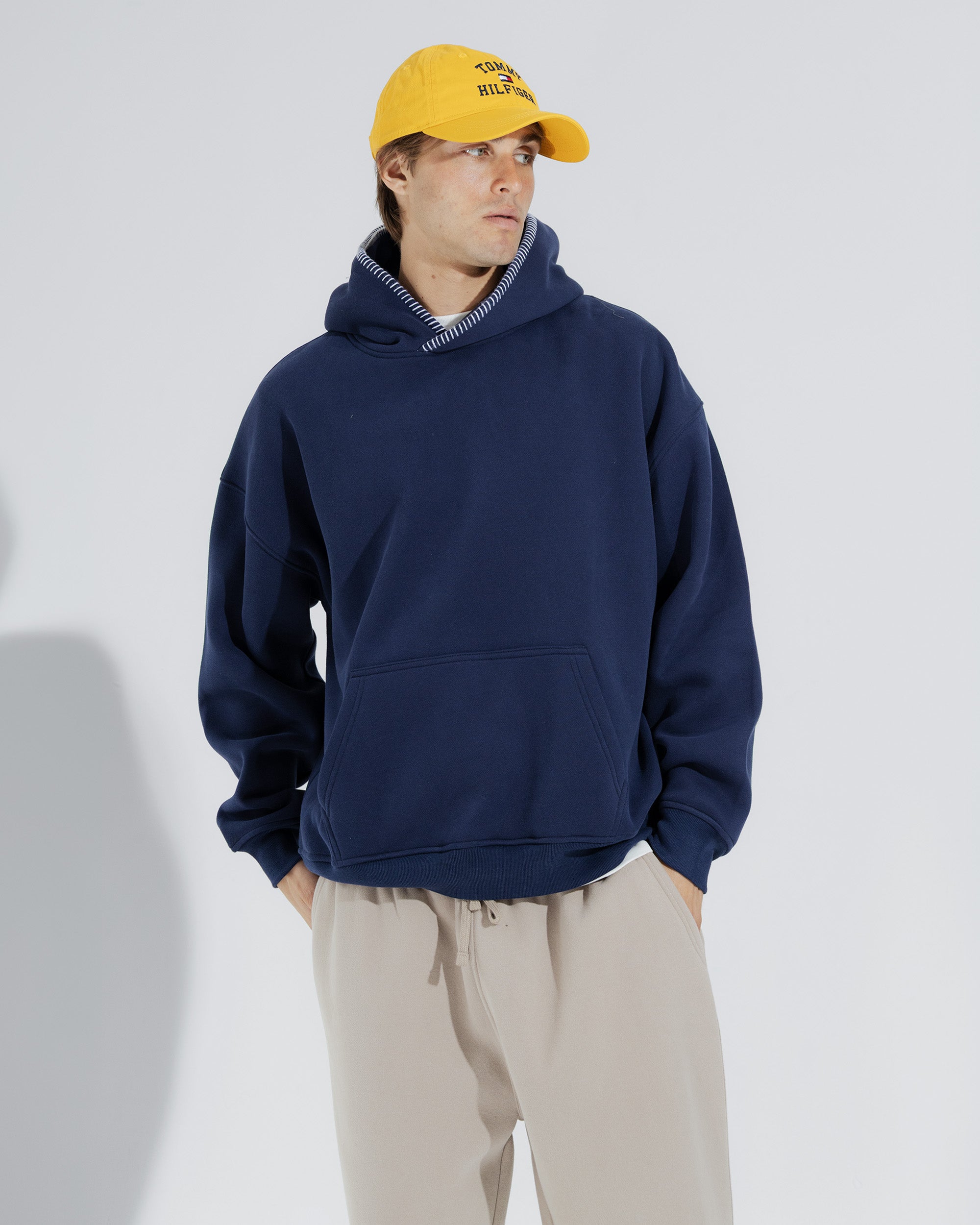 Stitched Heavy Weight Pullover Hoodie in Navy