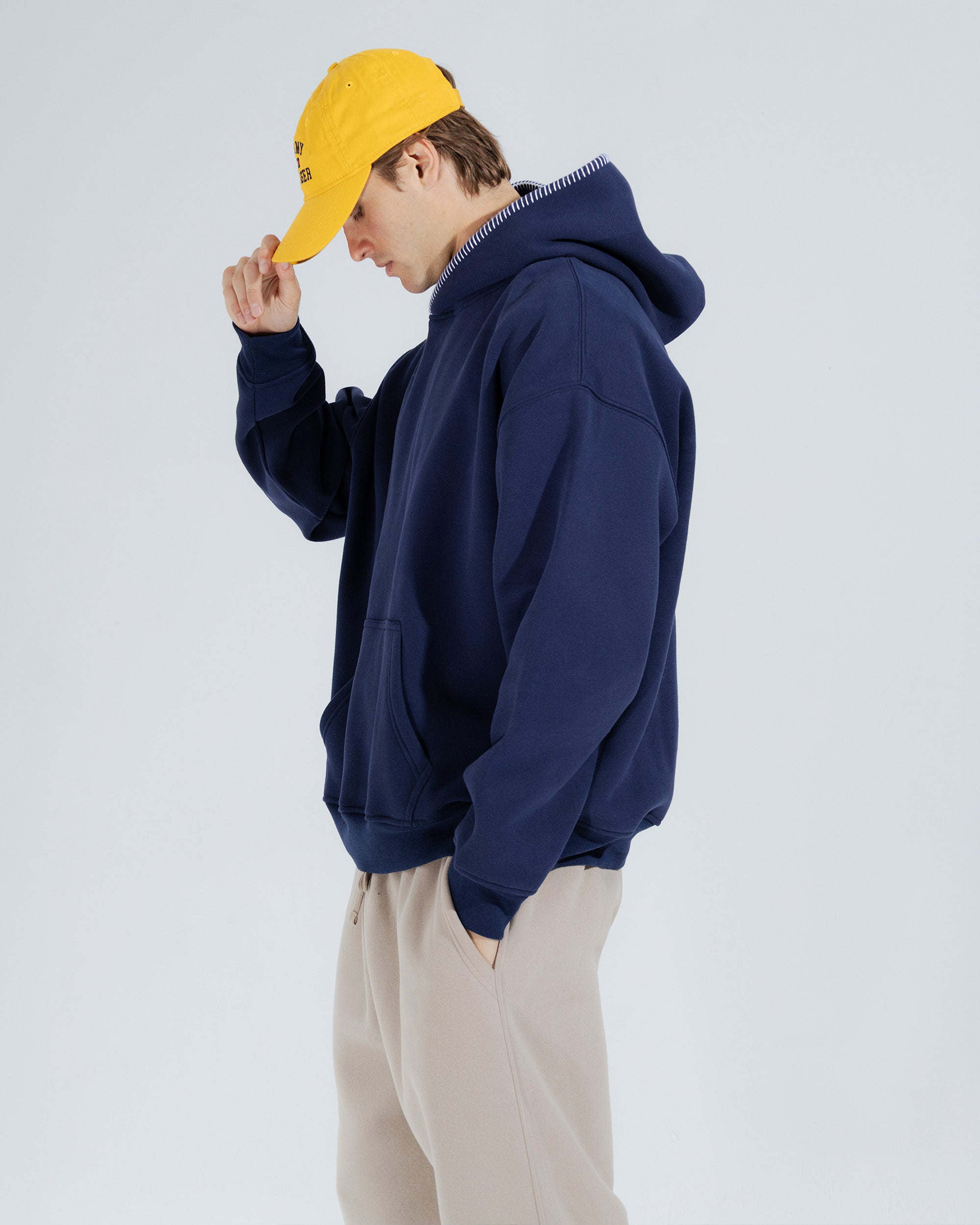 Stitched Heavy Weight Pullover Hoodie in Navy
