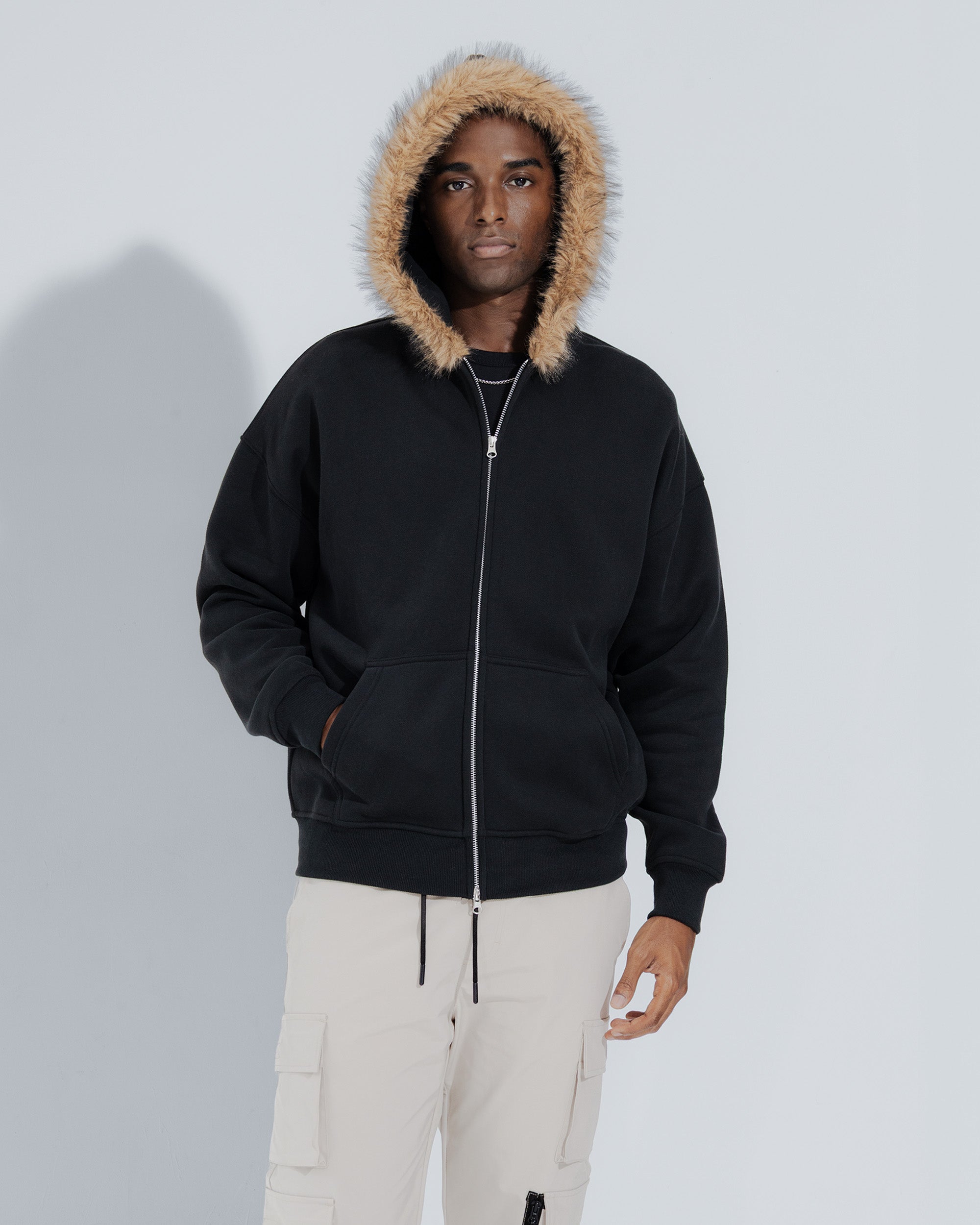Fur Trim Hoodie in Black