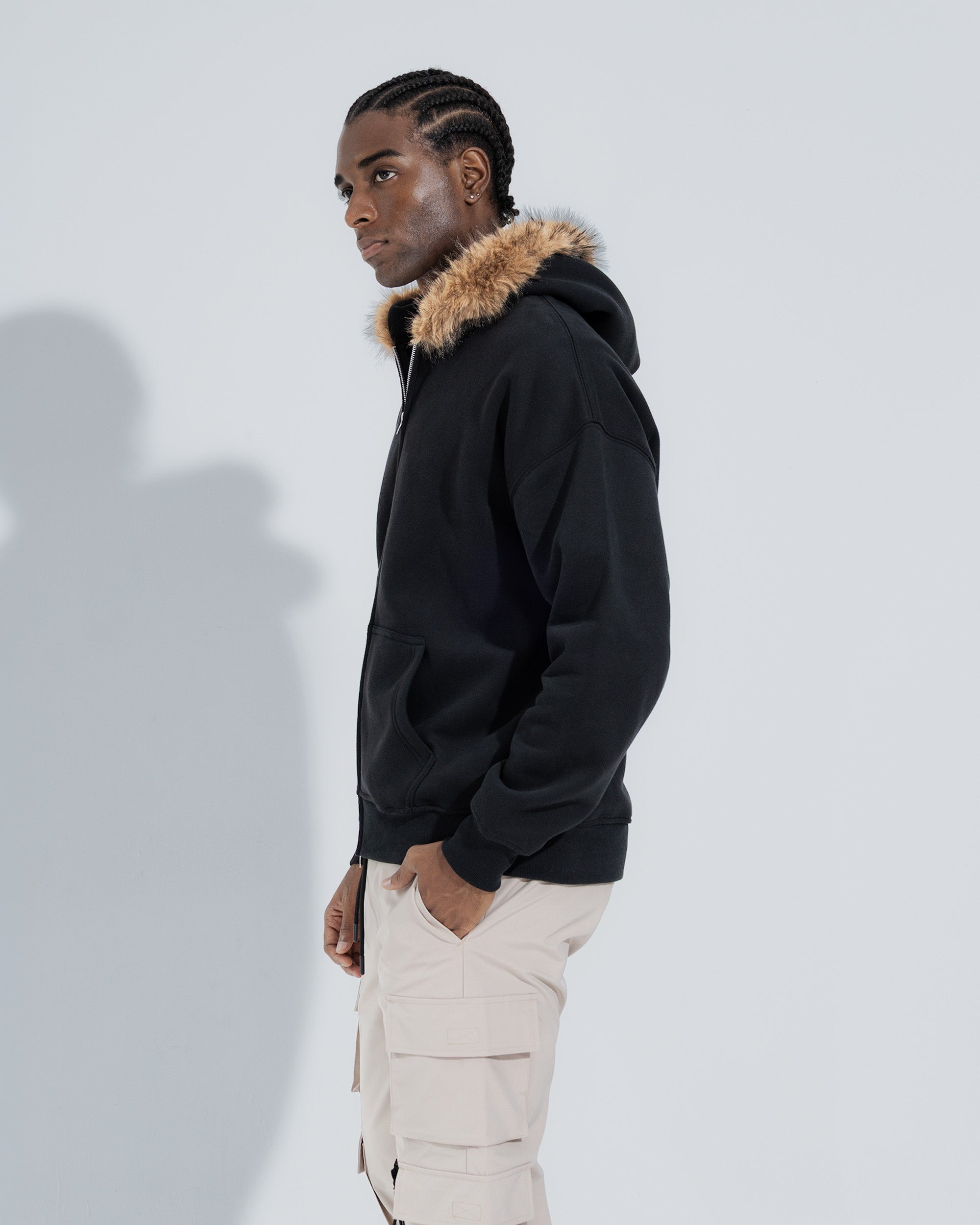 Fur Trim Hoodie in Black