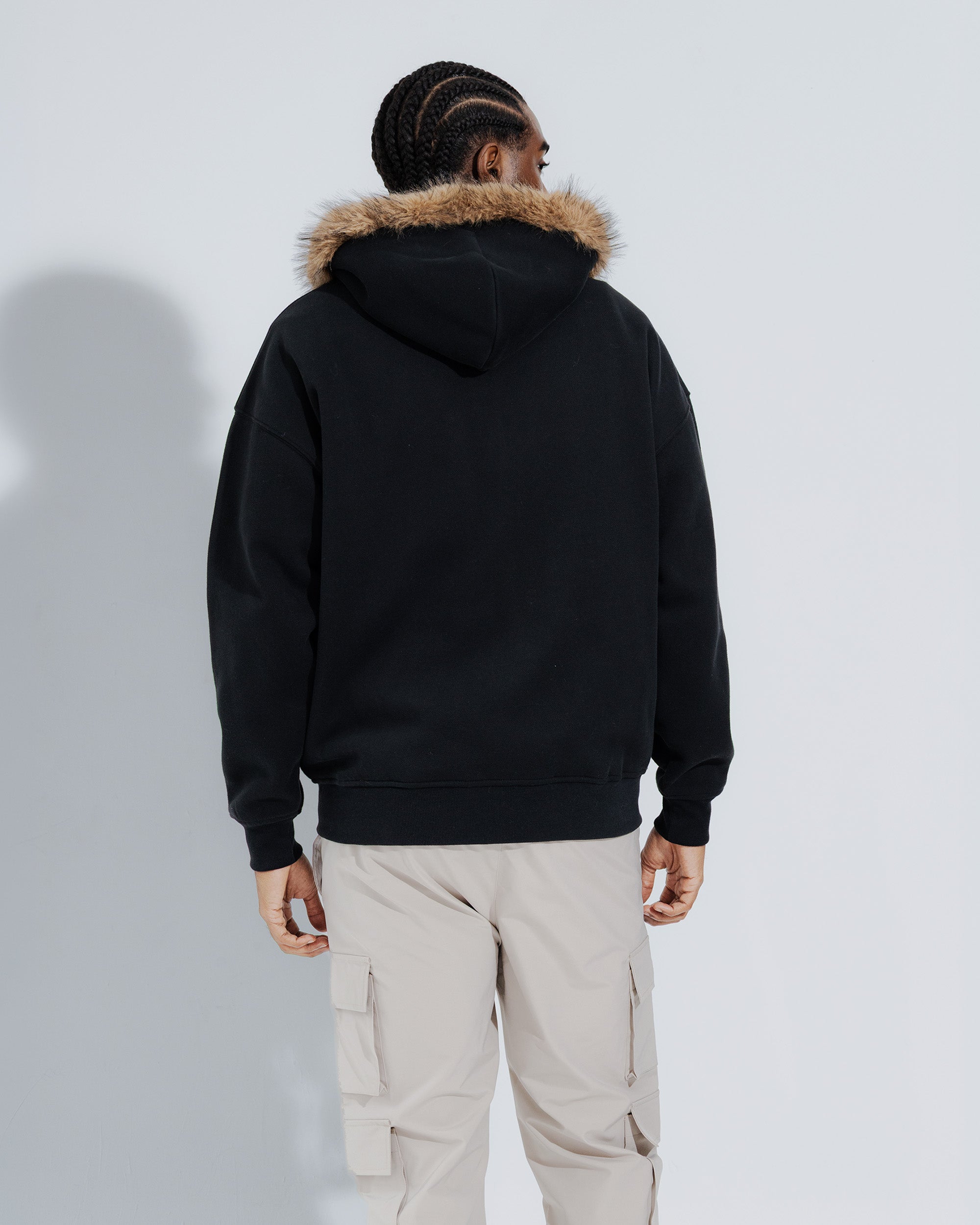 Fur Trim Hoodie in Black