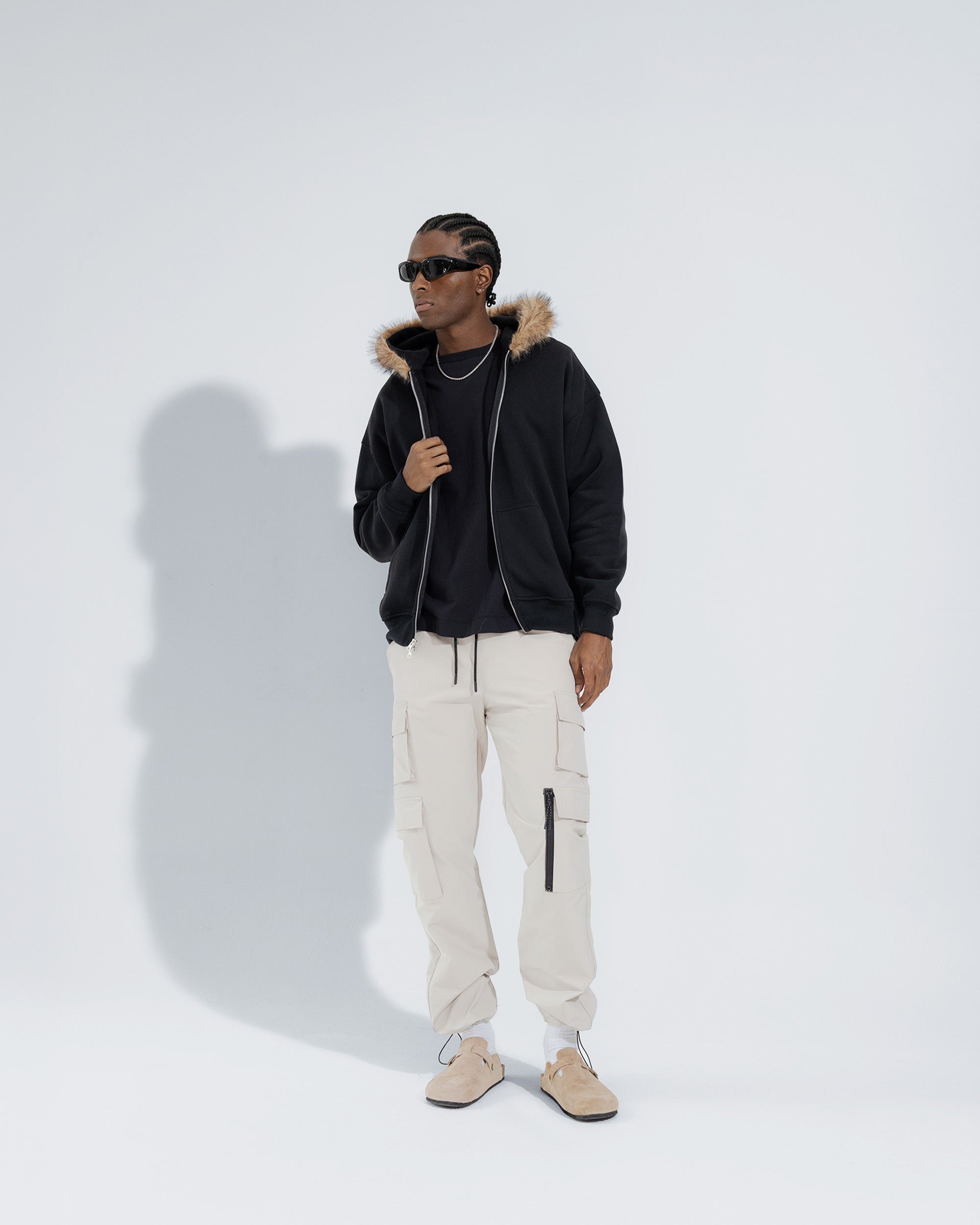 Fur Trim Hoodie in Black
