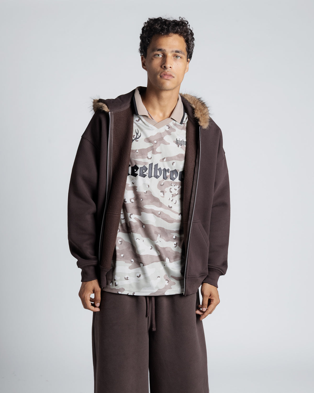 Fur Trim Hoodie in Brown