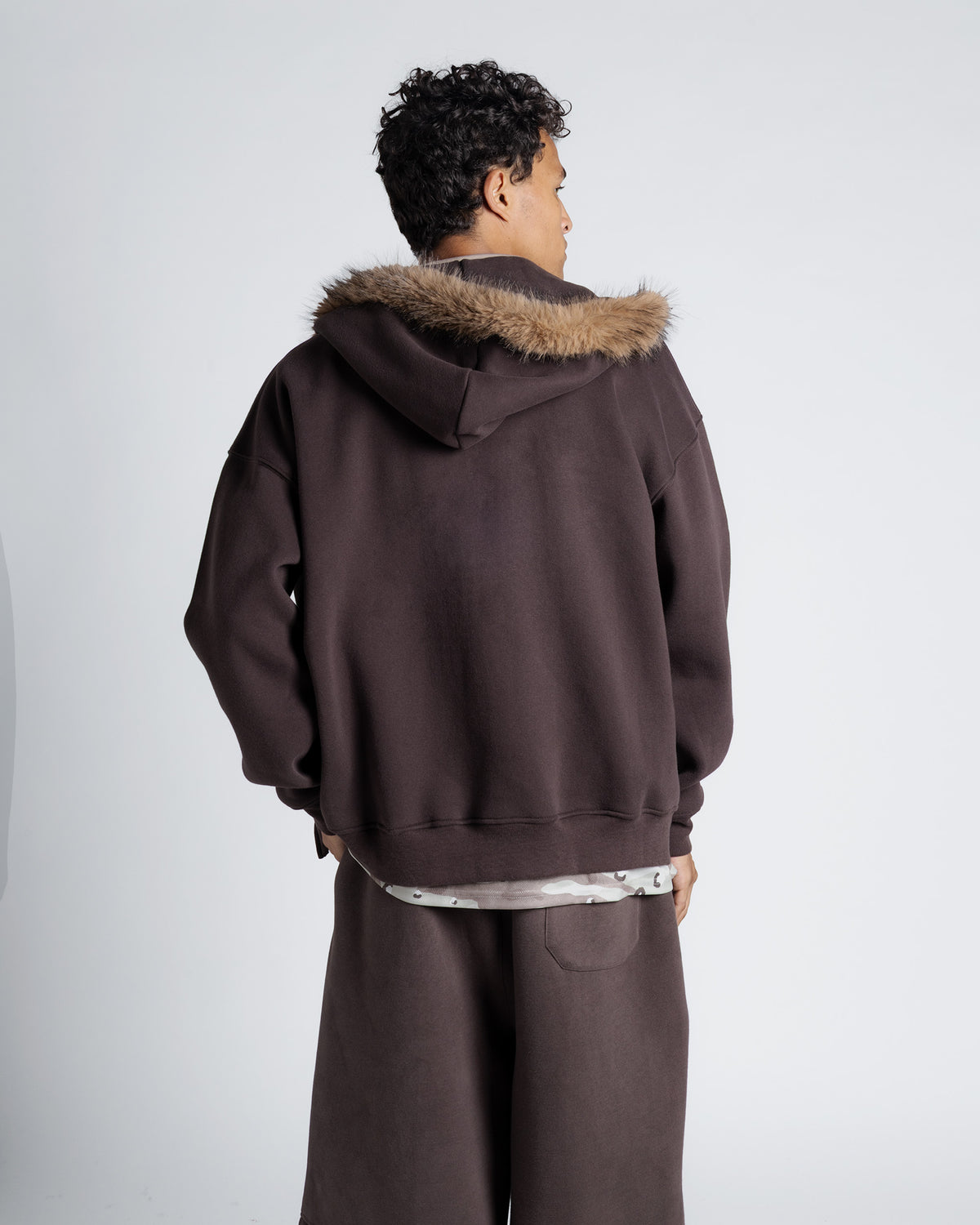 Fur Trim Hoodie in Brown