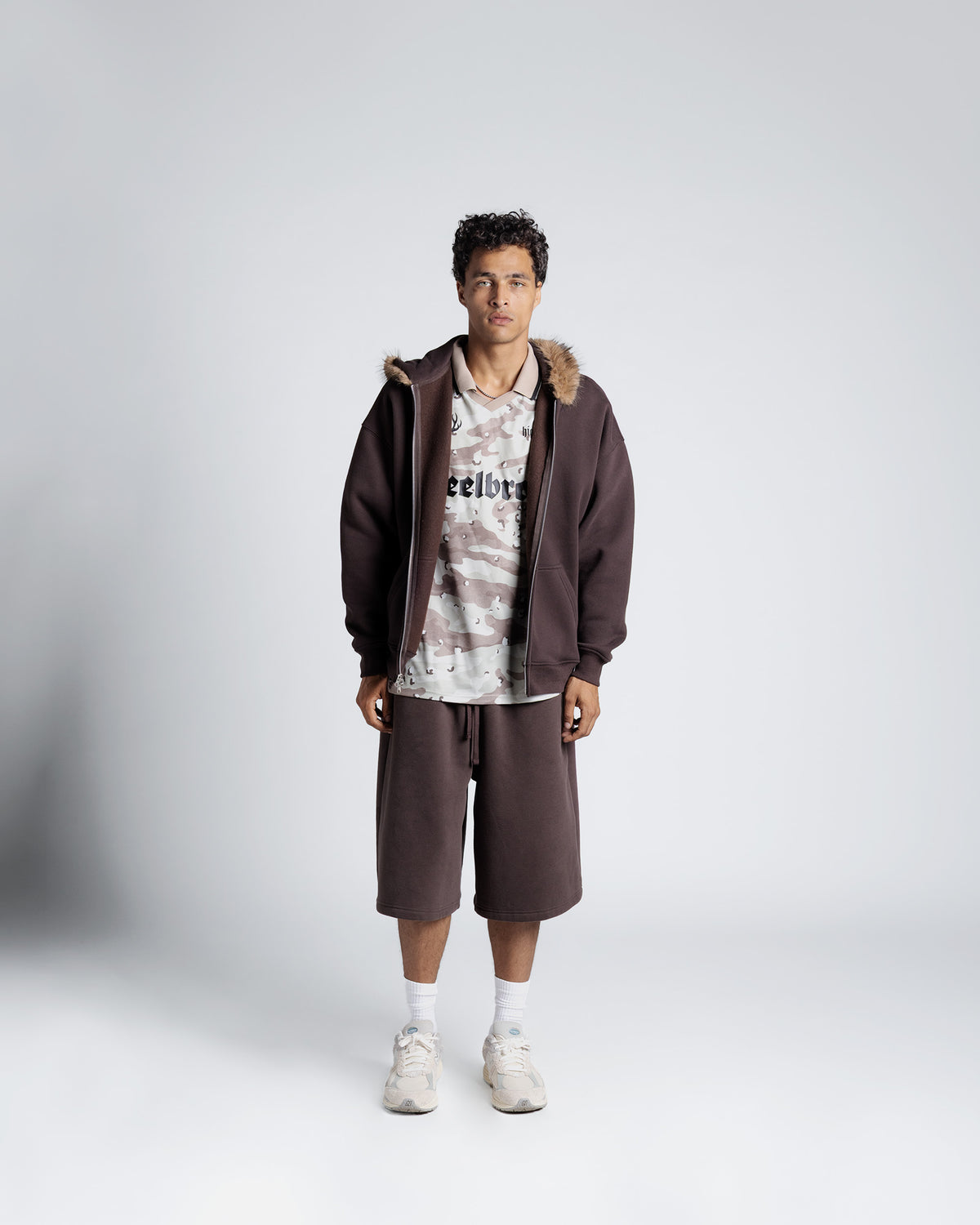 Fur Trim Hoodie in Brown