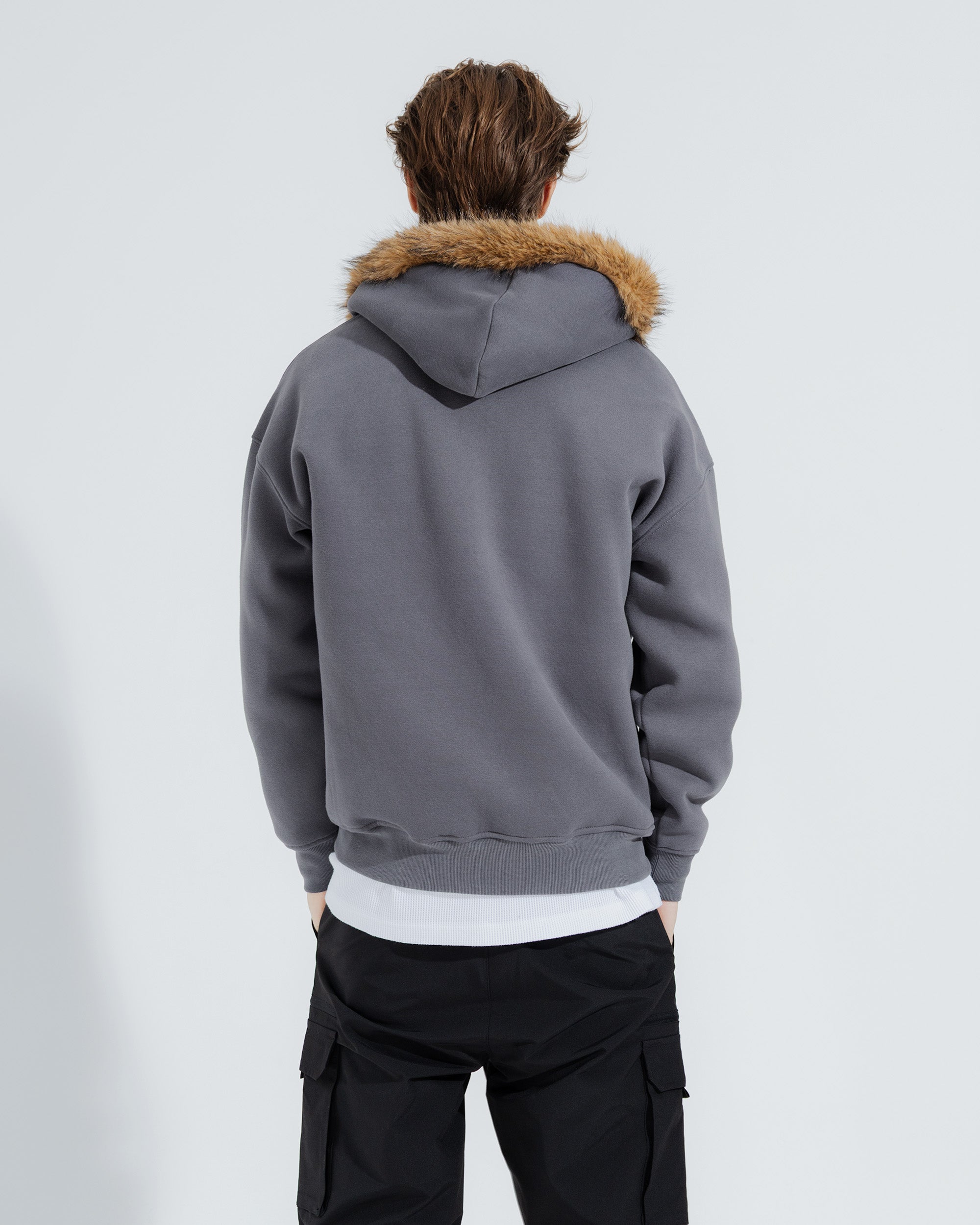 Fur Trim Hoodie in Steel grey