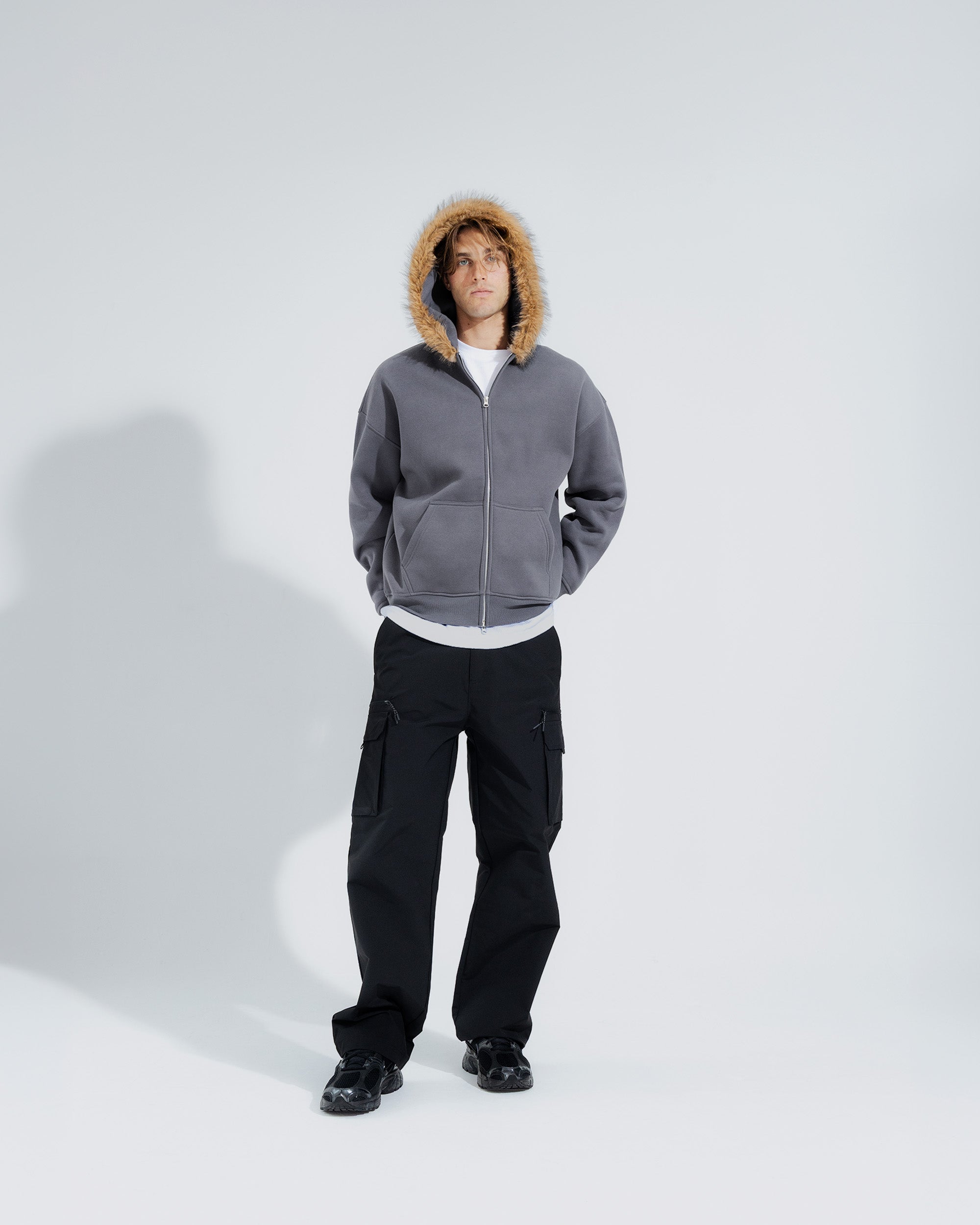 Fur Trim Hoodie in Steel grey