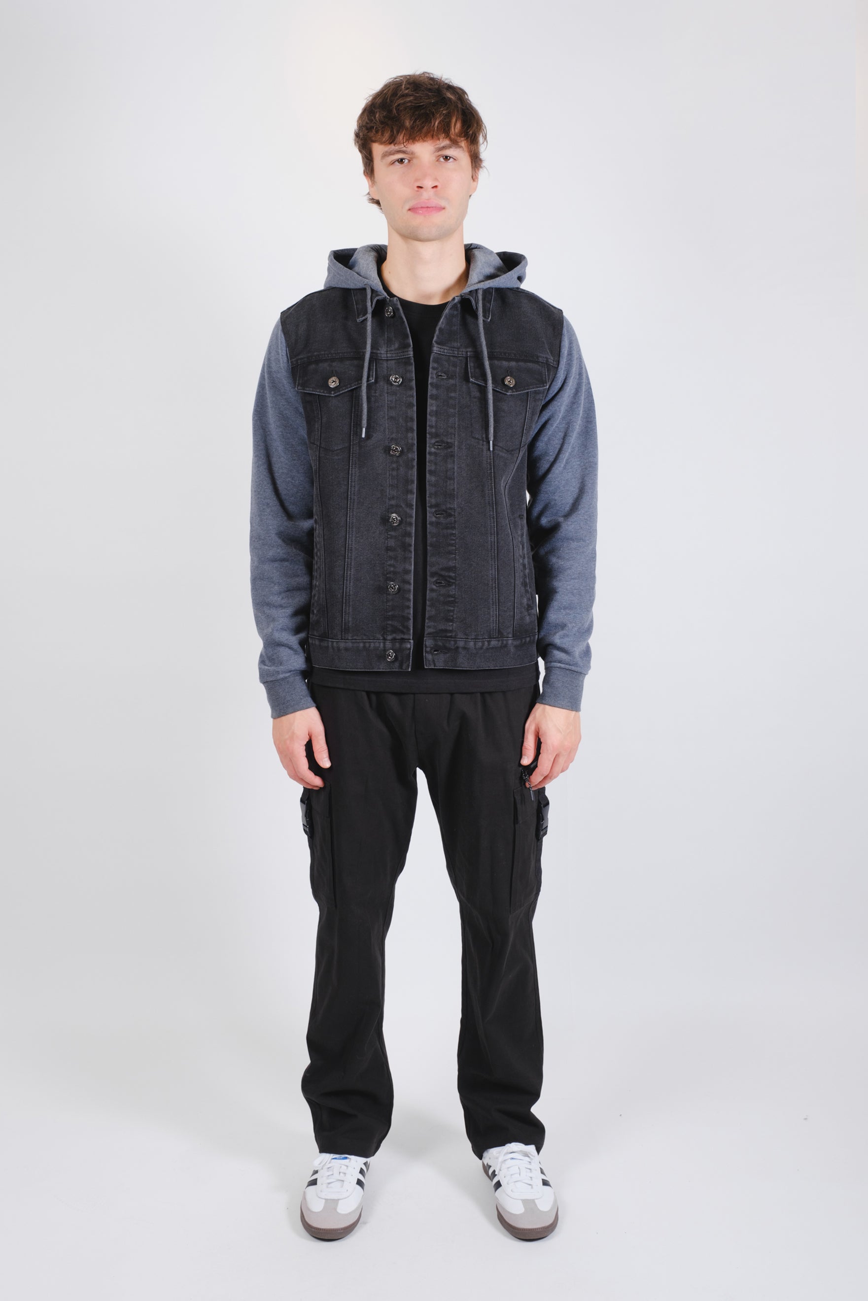 Comfy Men's Knit Sleeve Denim Jacket
#color_black stone wash