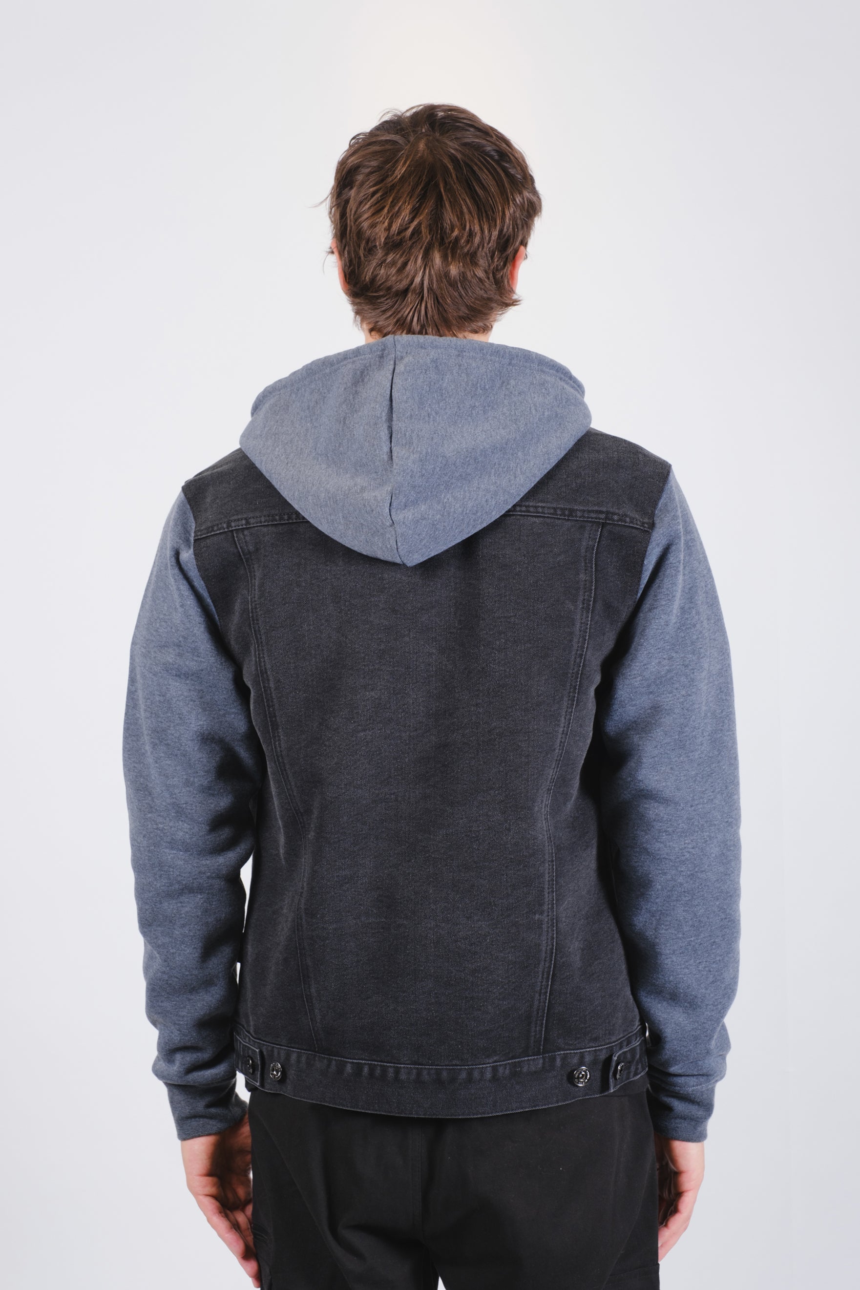 Knit Sleeve and hood Denim Jacket 
#color_black stone wash