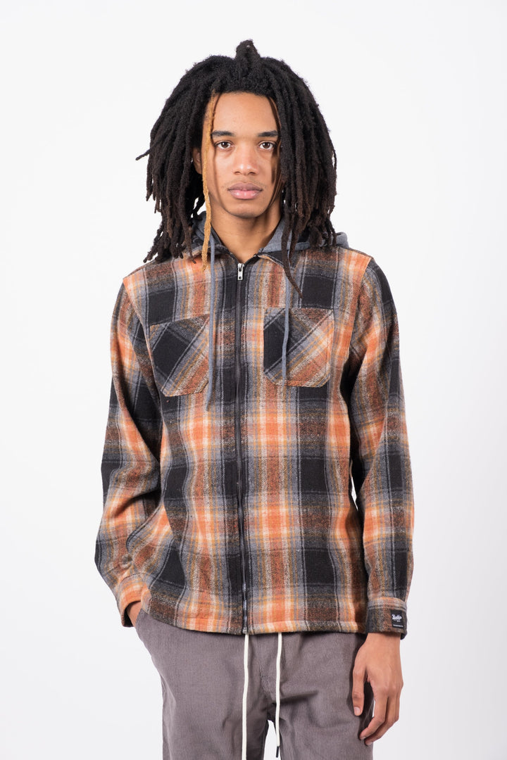 Men’s hooded flannel overshirt with zipper
#color_brown