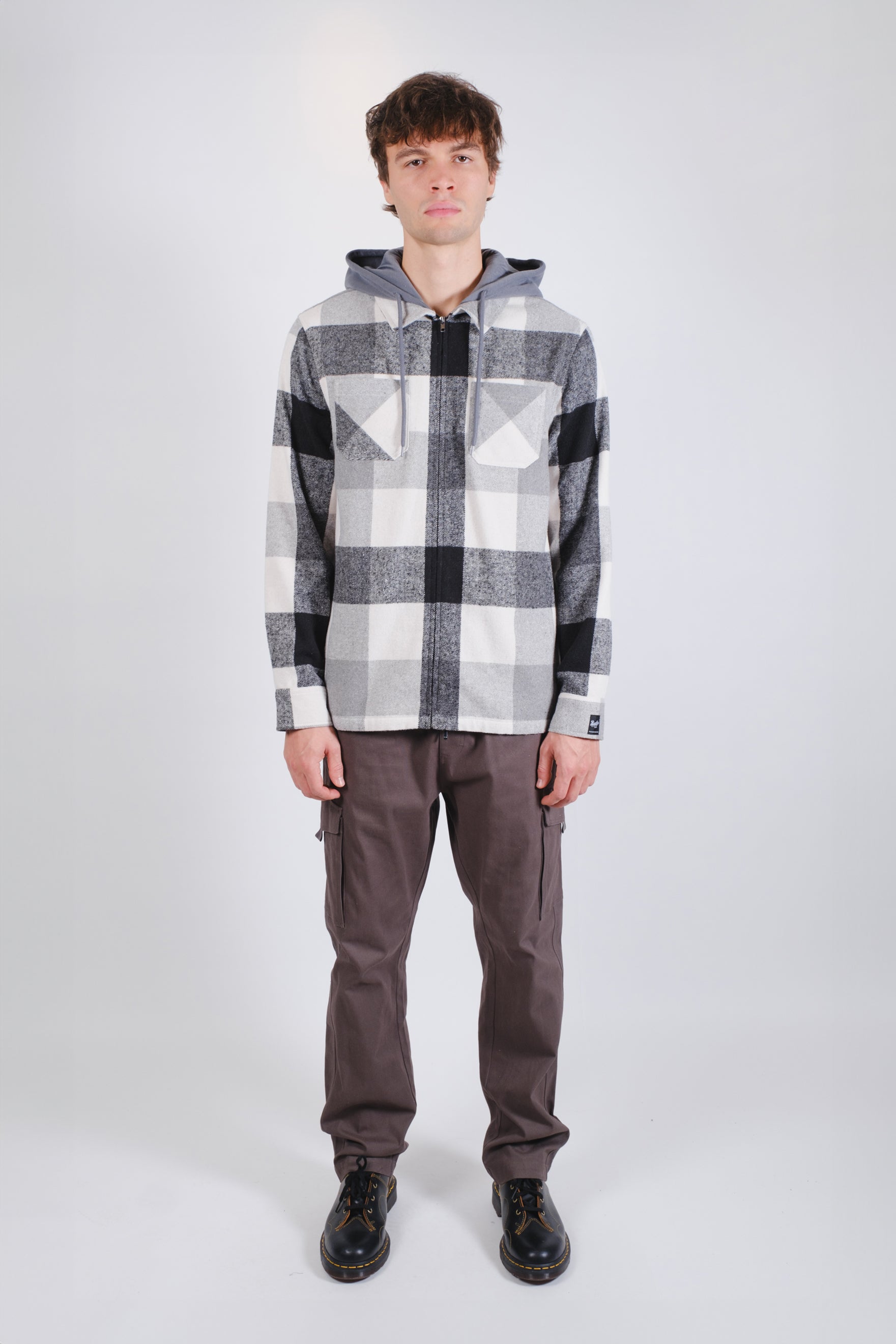 Flannel Hooded Zip Men's Shacket
#color_grey-black