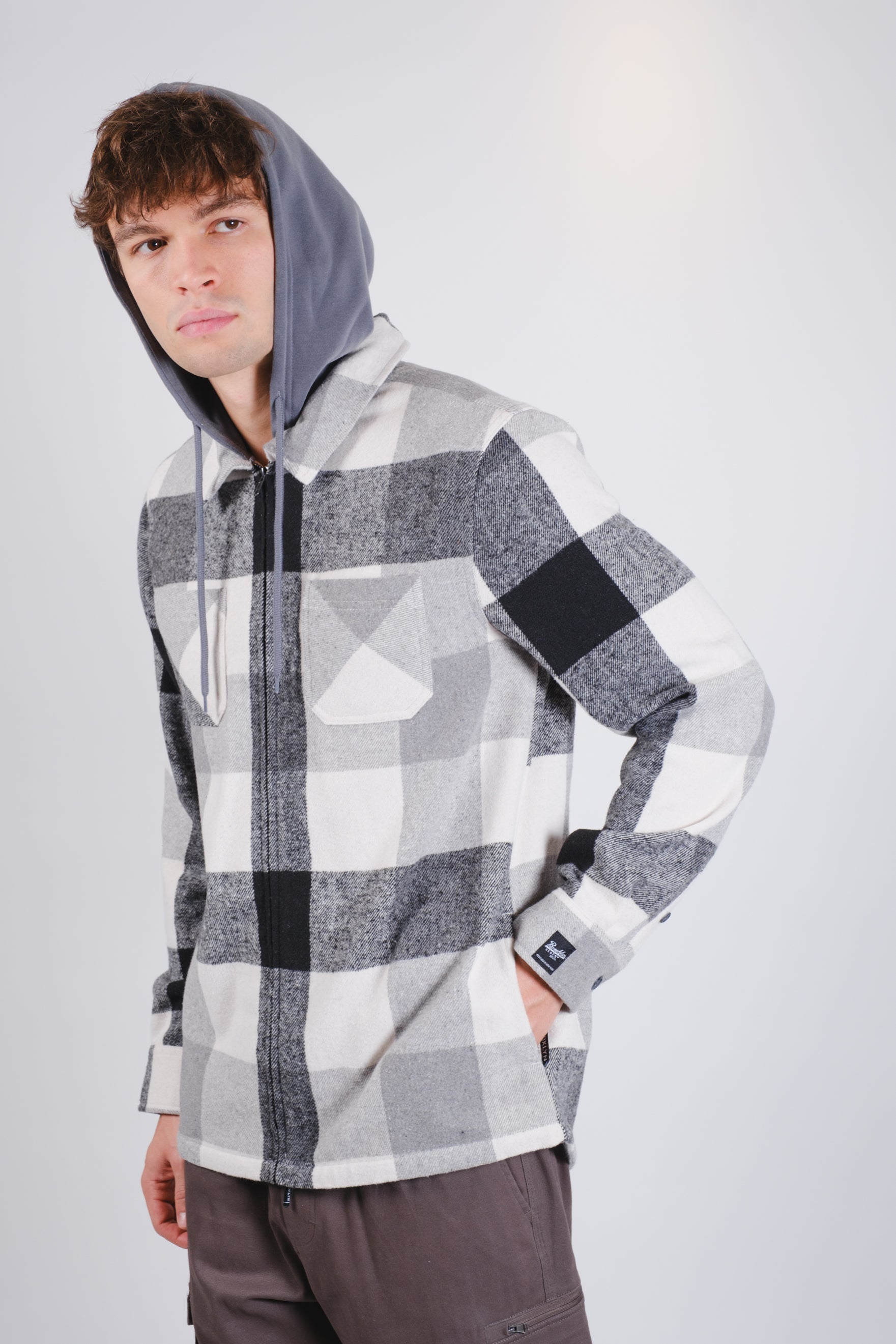 Flannel Hooded Zip Shacket
#color_grey-black
