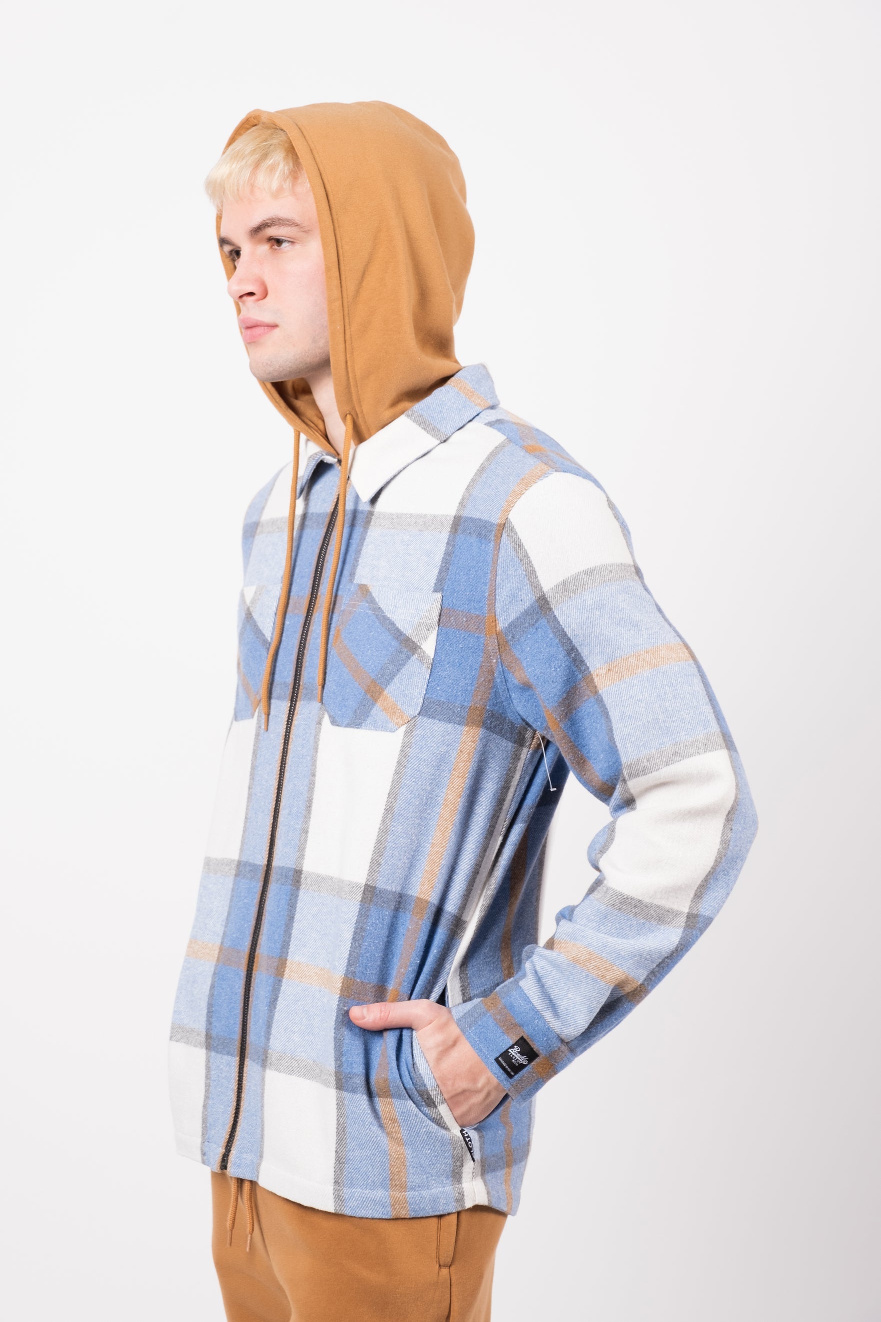Men’s hooded plaid zip up shacket
#color_light blue