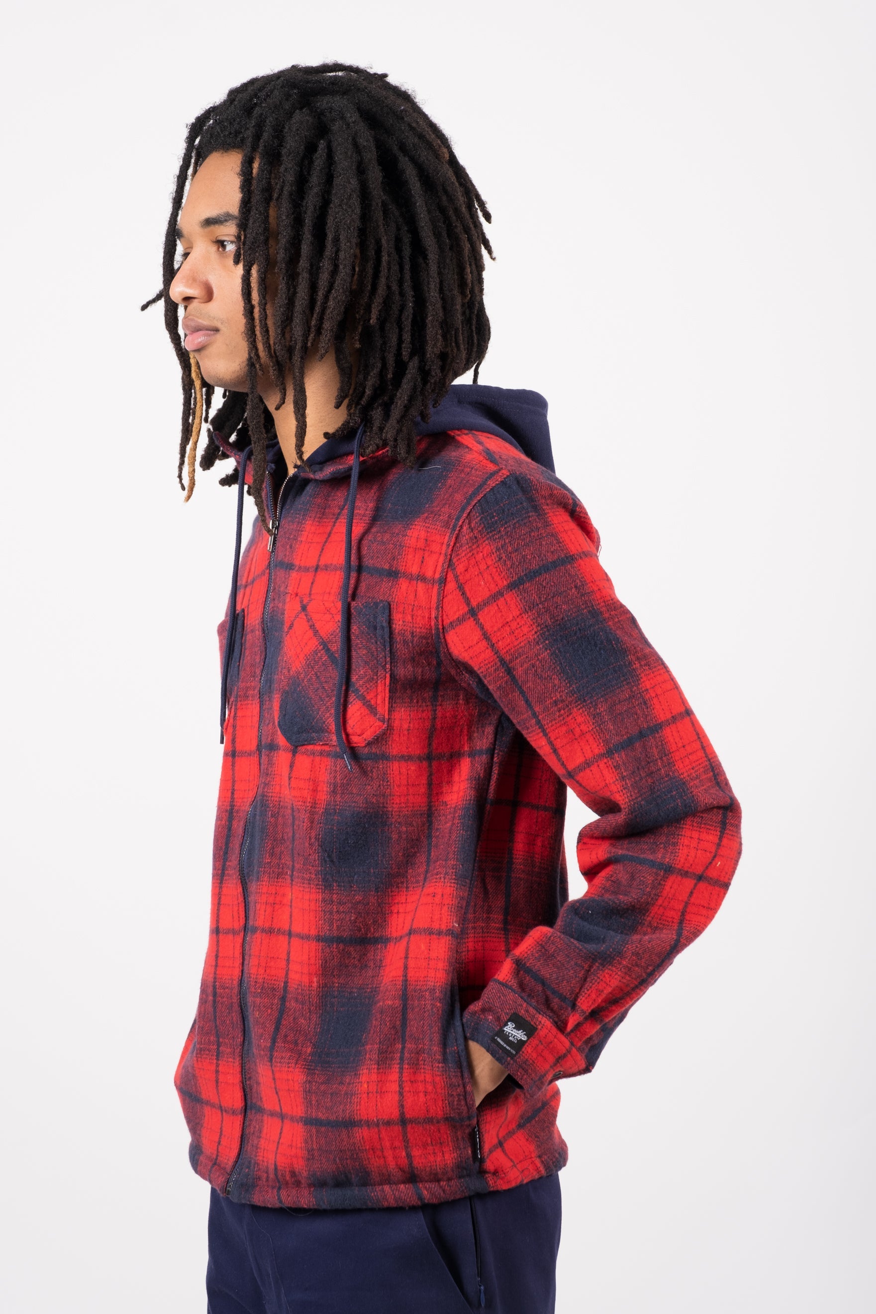 Hooded zippered flannel shacket for men
#color_red navy