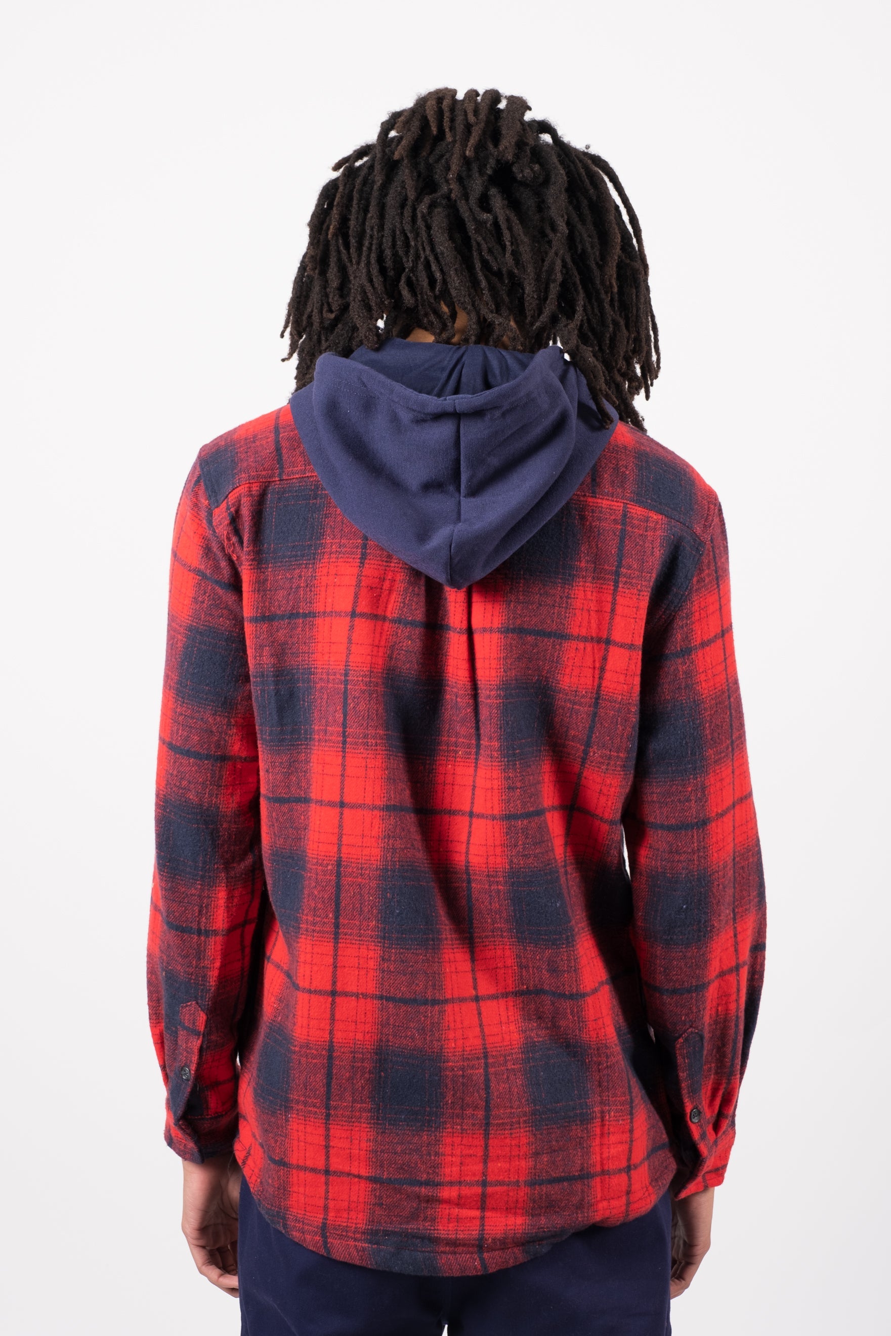 Men’s plaid flannel zip front hoodie jacket
#color_red navy