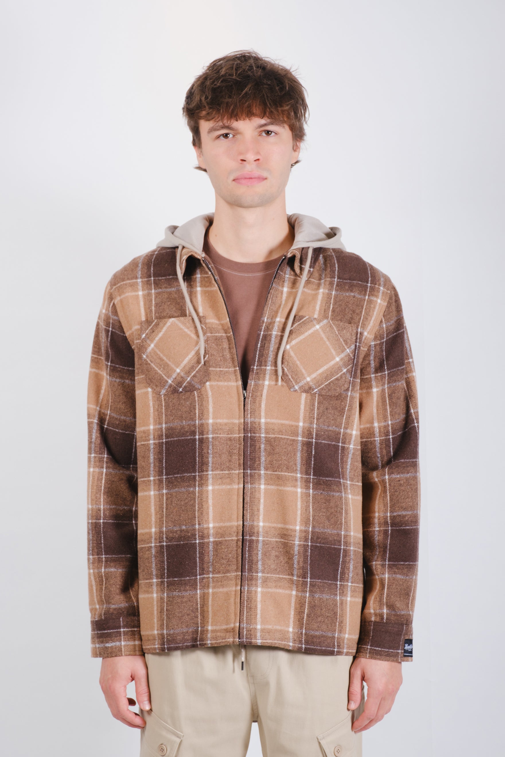 Men’s hooded plaid zip-up shacket
#color_toffee