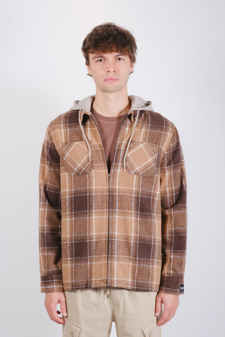 Men’s hooded plaid zip-up shacket
#color_toffee