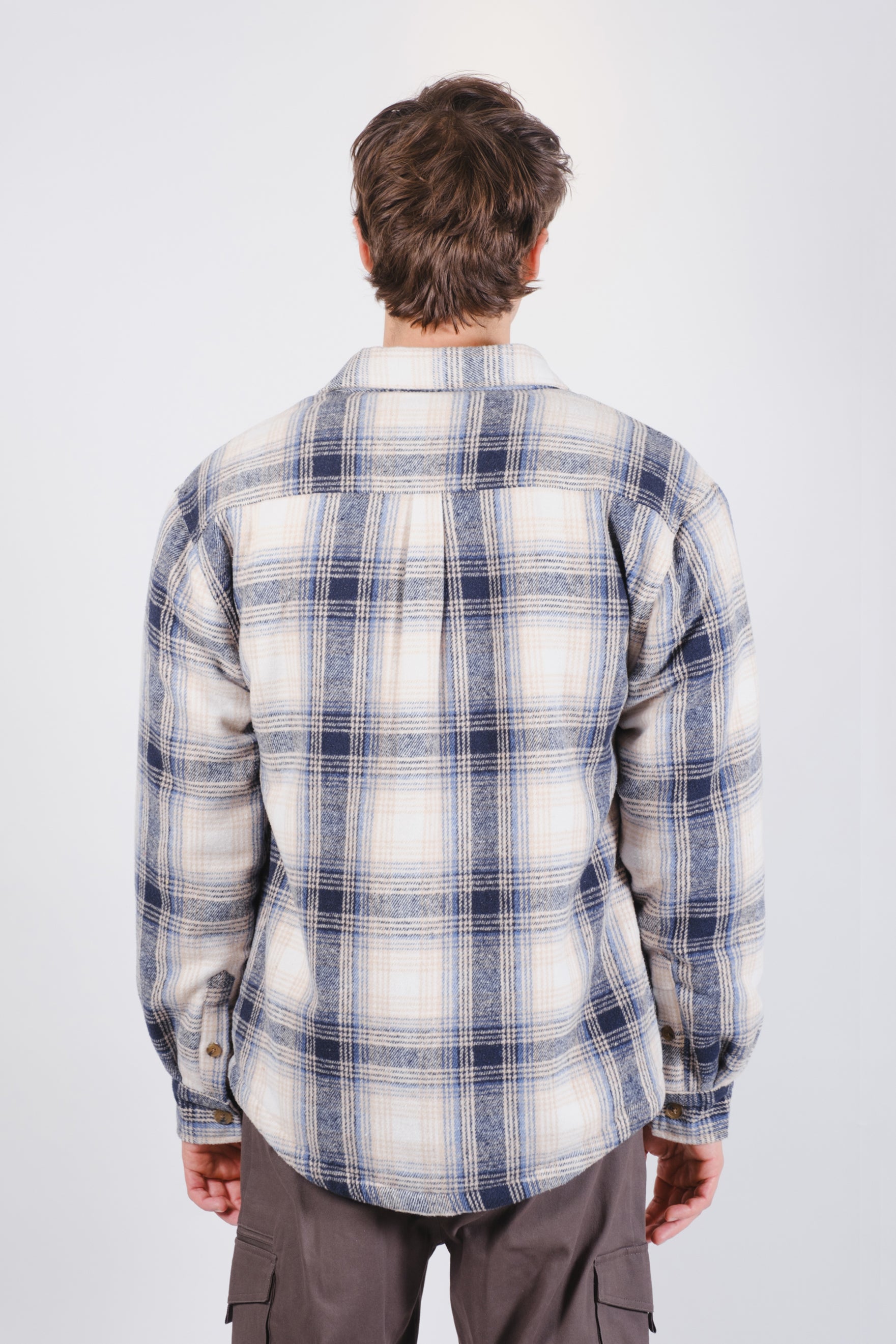Warm sherpa lined flannel shacket #color_creamblue