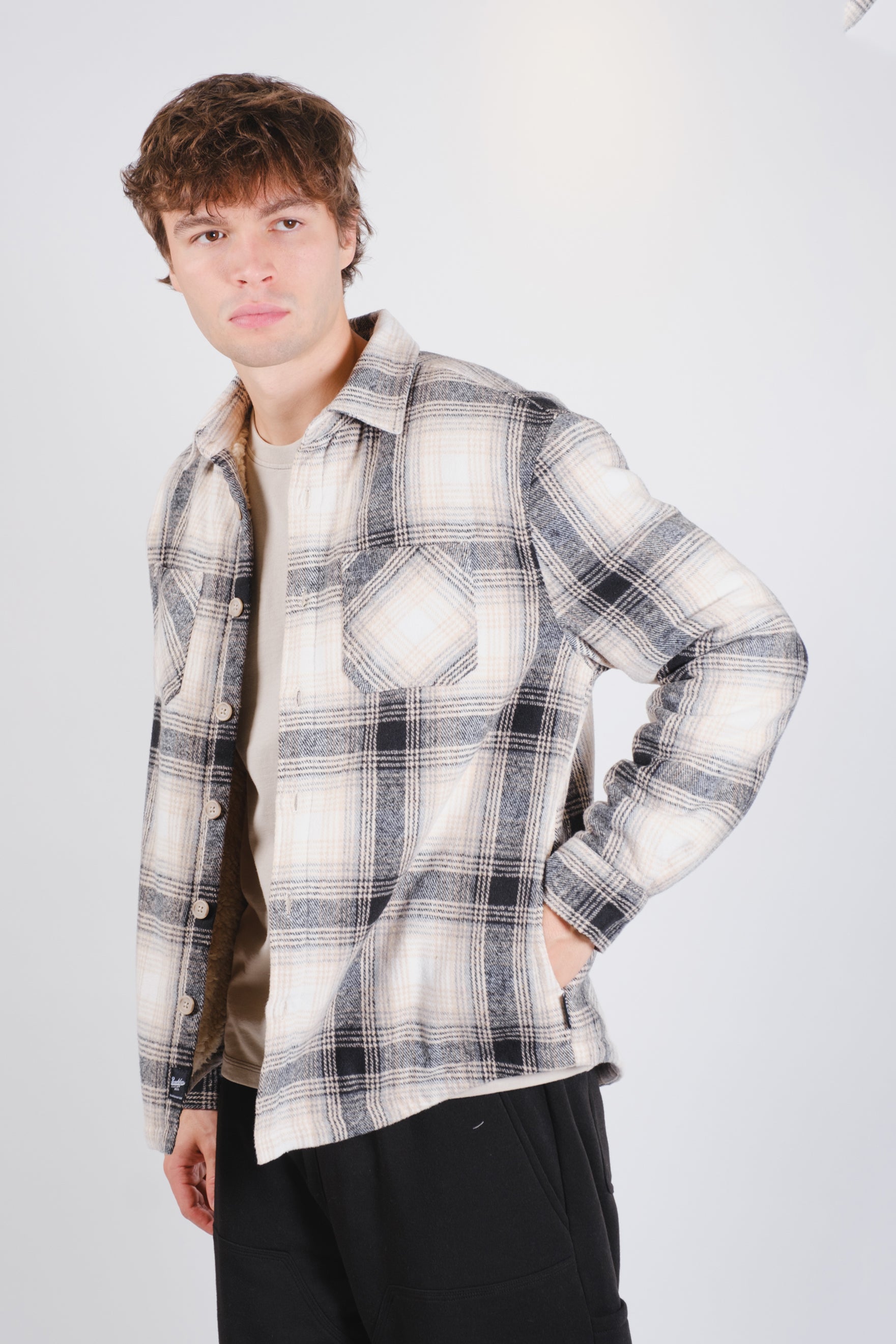 Oversized sherpa lined shacket for men #color_cream