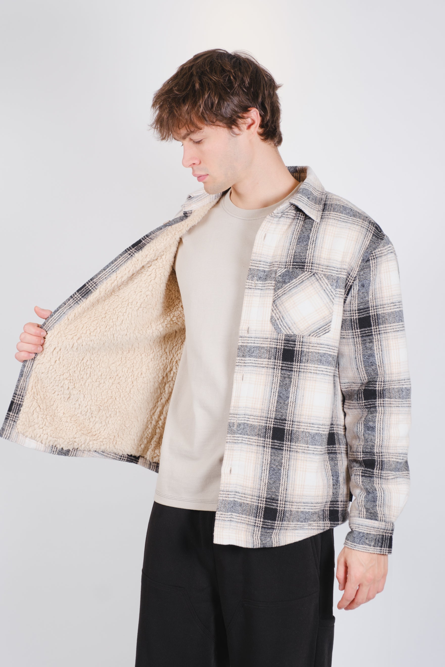 Heavyweight sherpa flannel shacket for men 
#color_cream