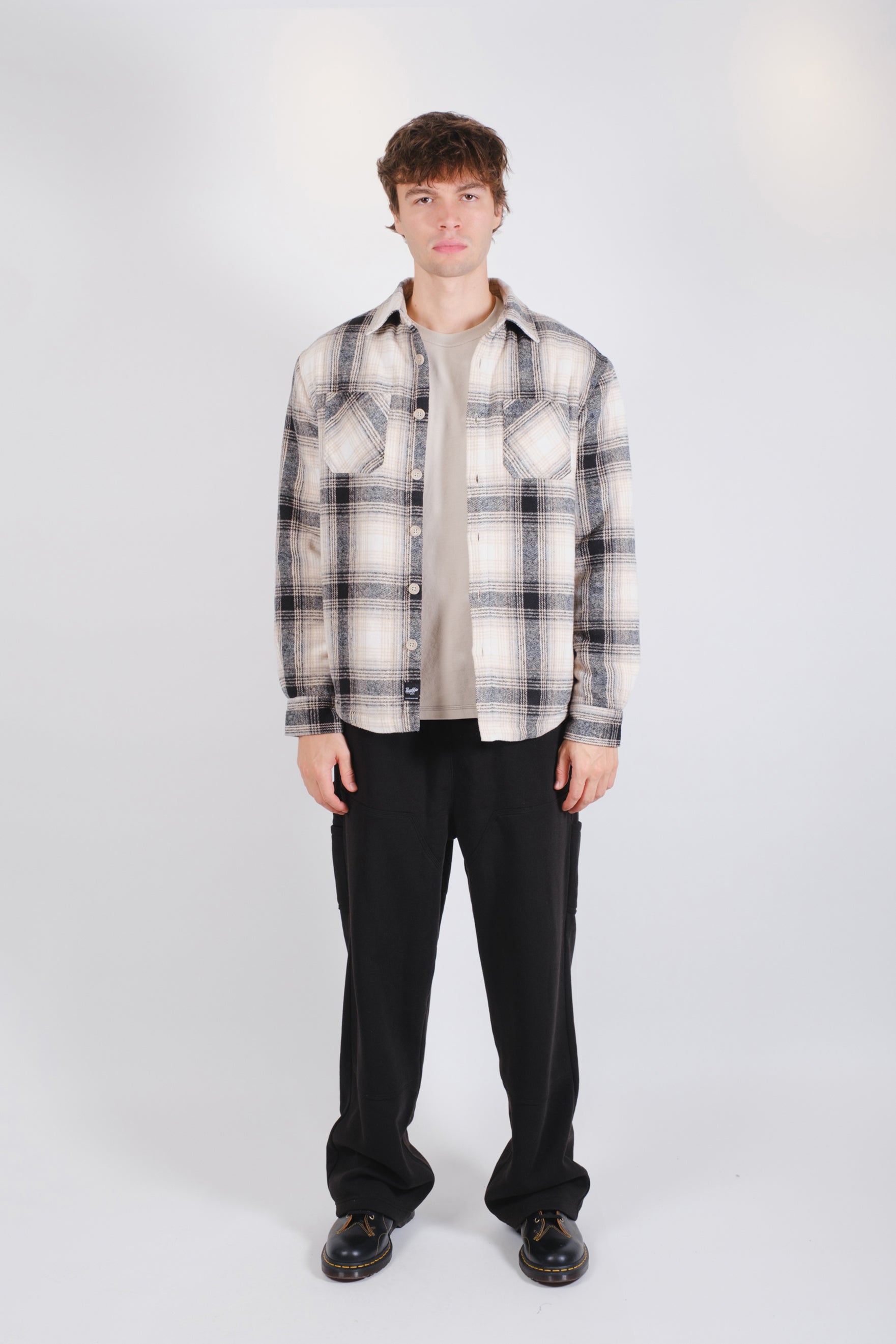 Cream colored flannel shacket with sherpa lining 
#color_cream