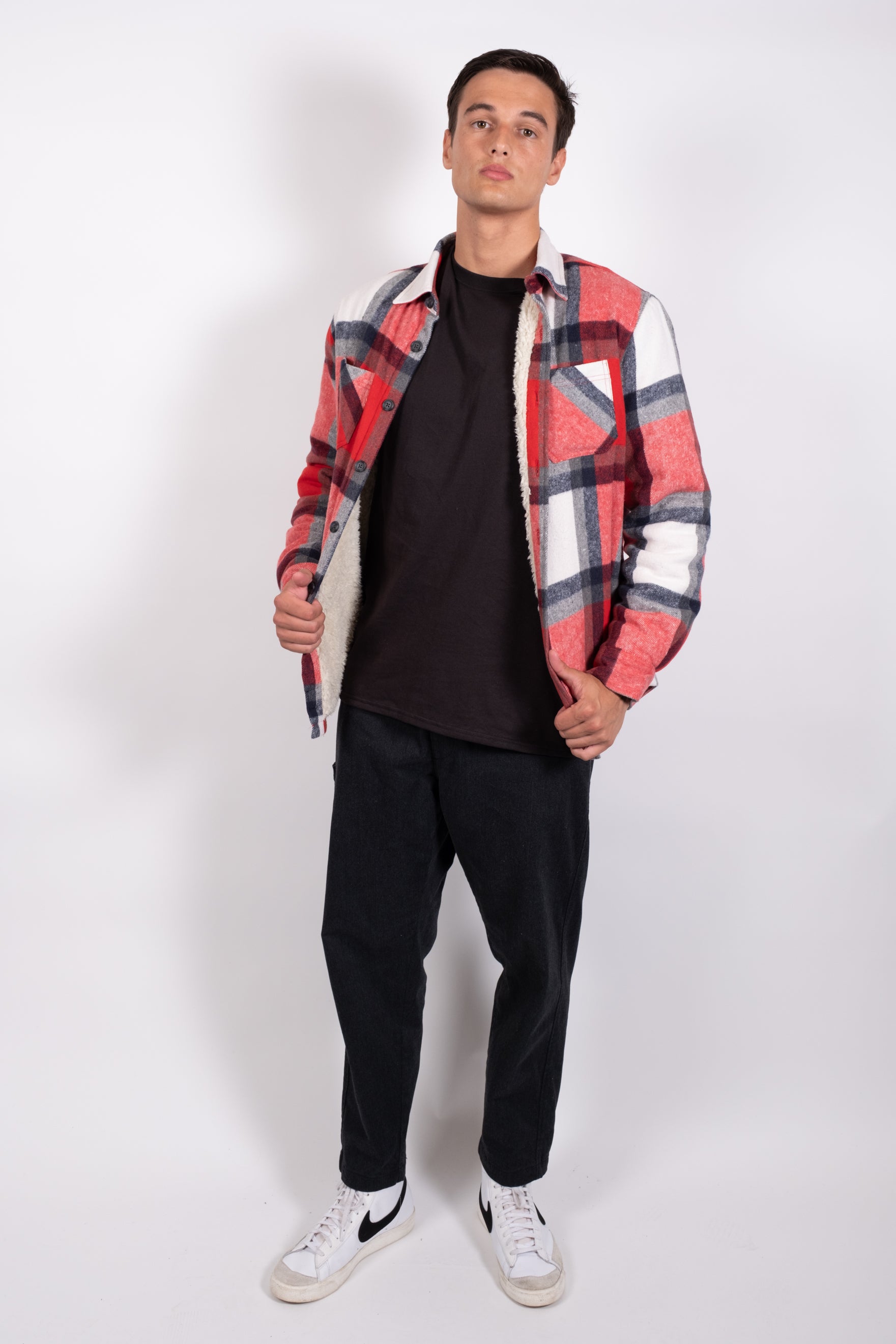 Warm sherpa lined plaid shirt jacket for men
#color_red white