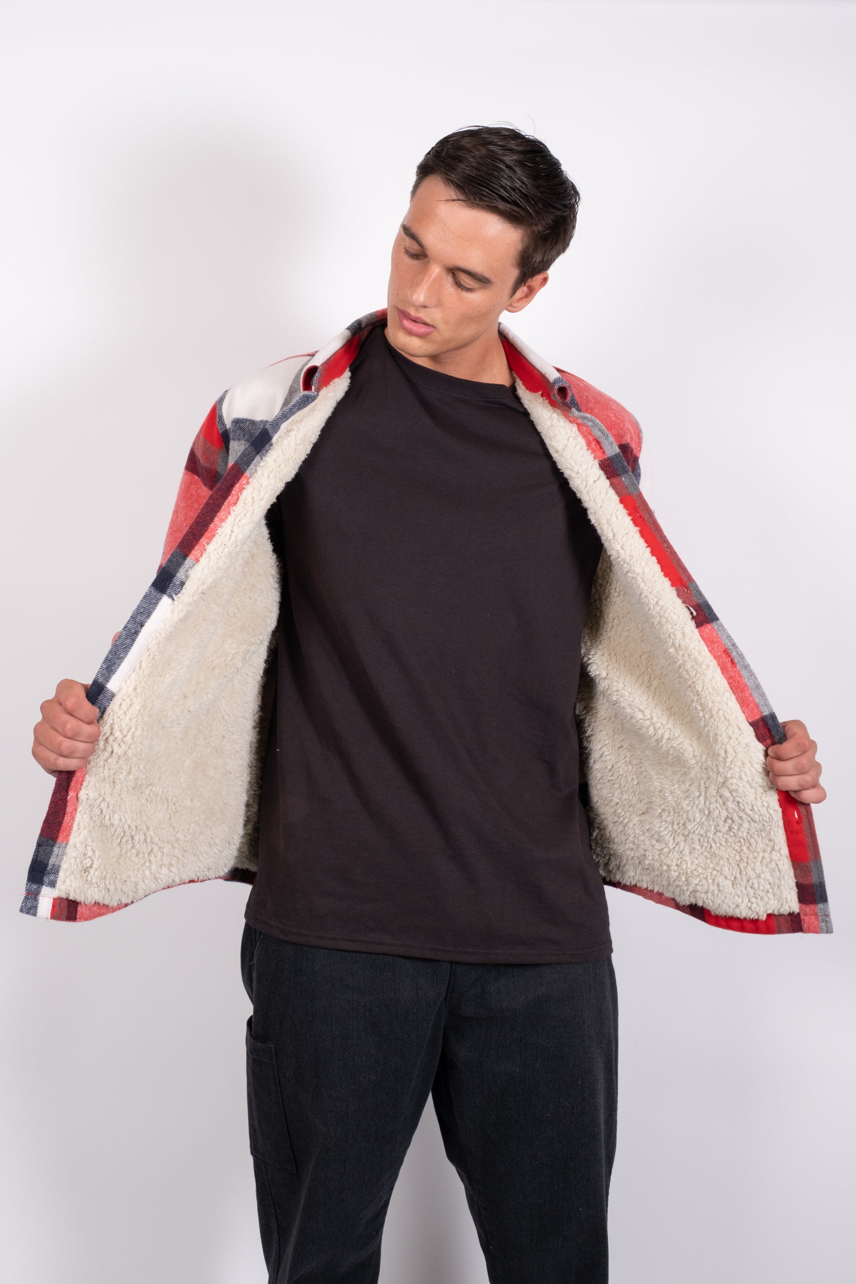 Cozy sherpa lined plaid overshirt for men
#color_red white