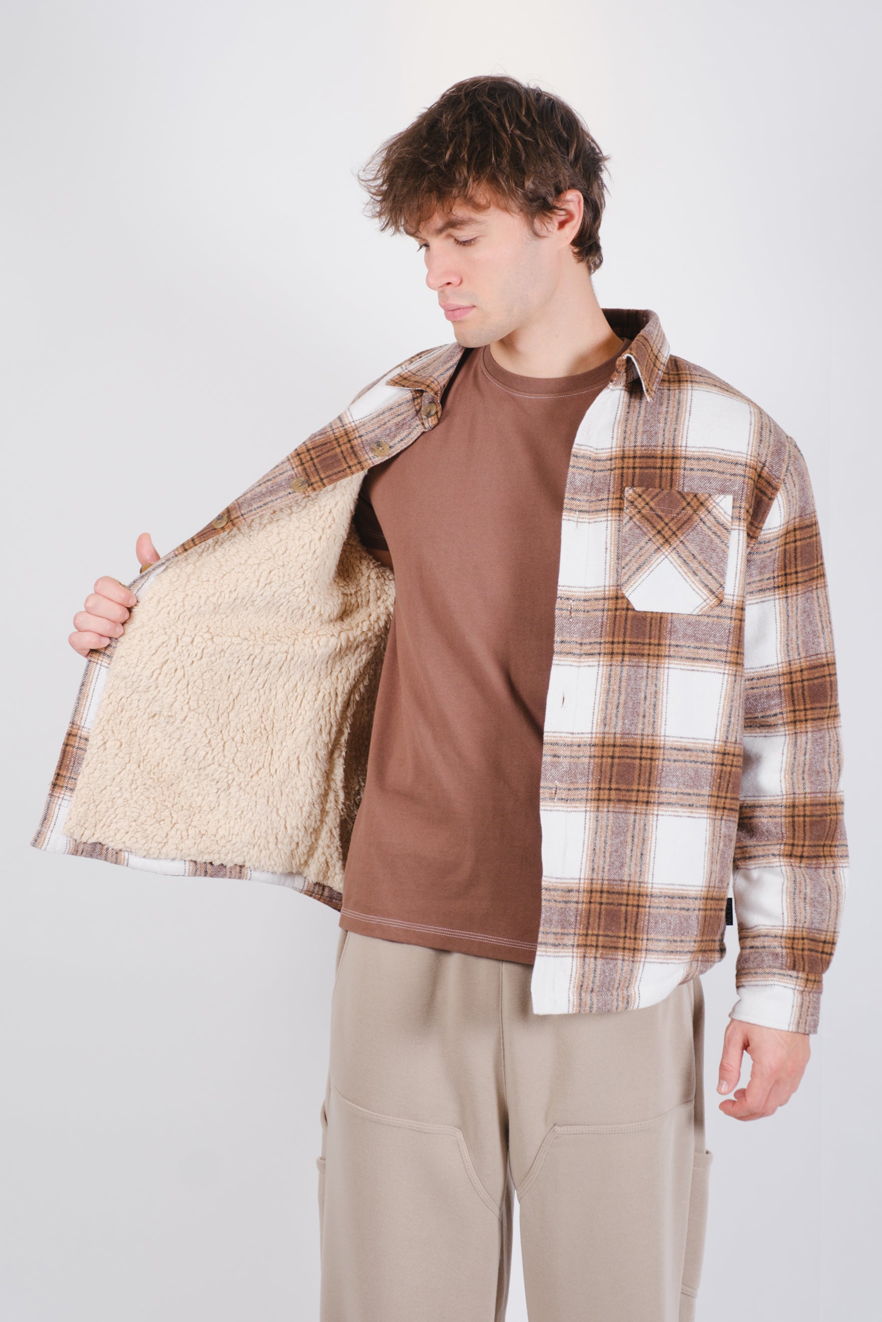 Men's oversized flannel shacket with cozy sherpa lining #color_sandblack