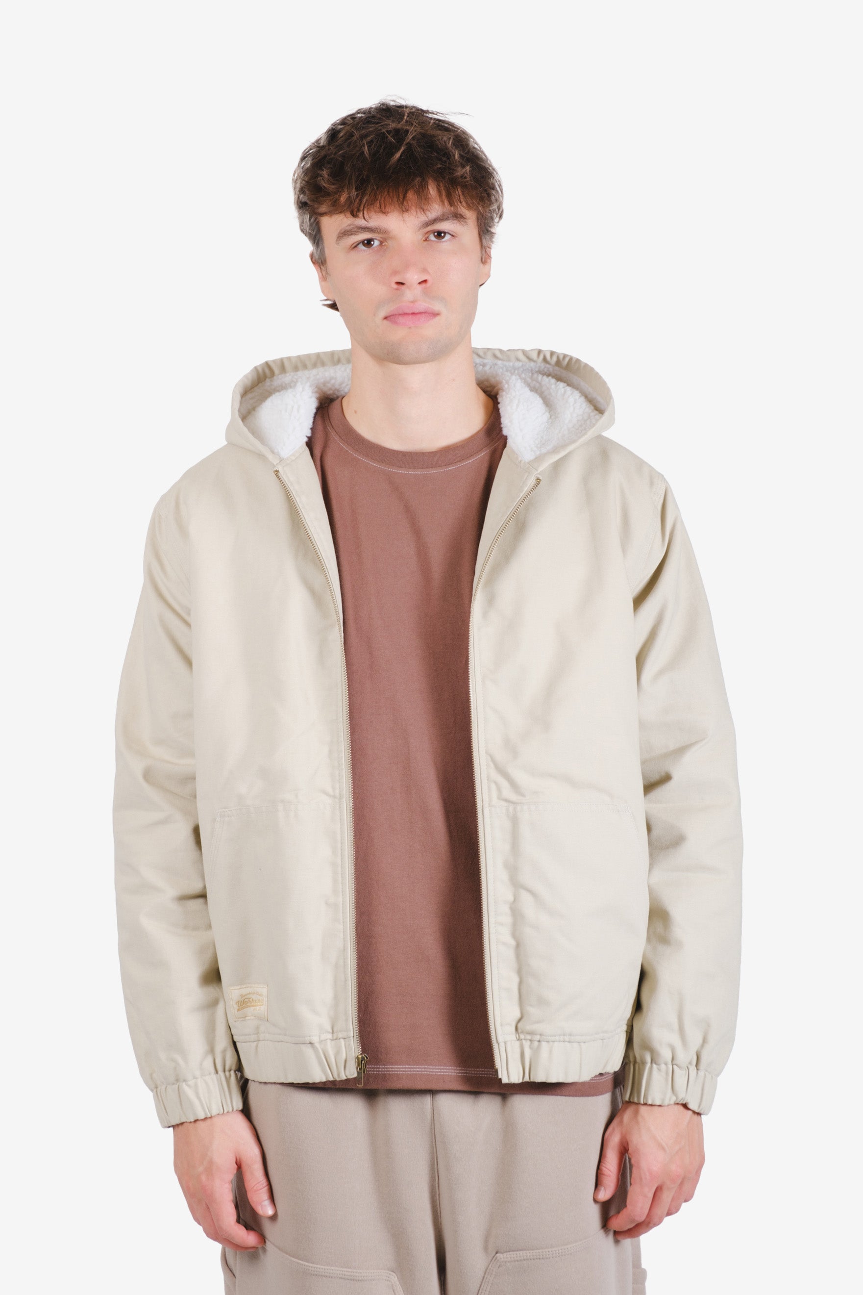 Sherpa-lined men’s hooded canvas work jacket
#color_sand