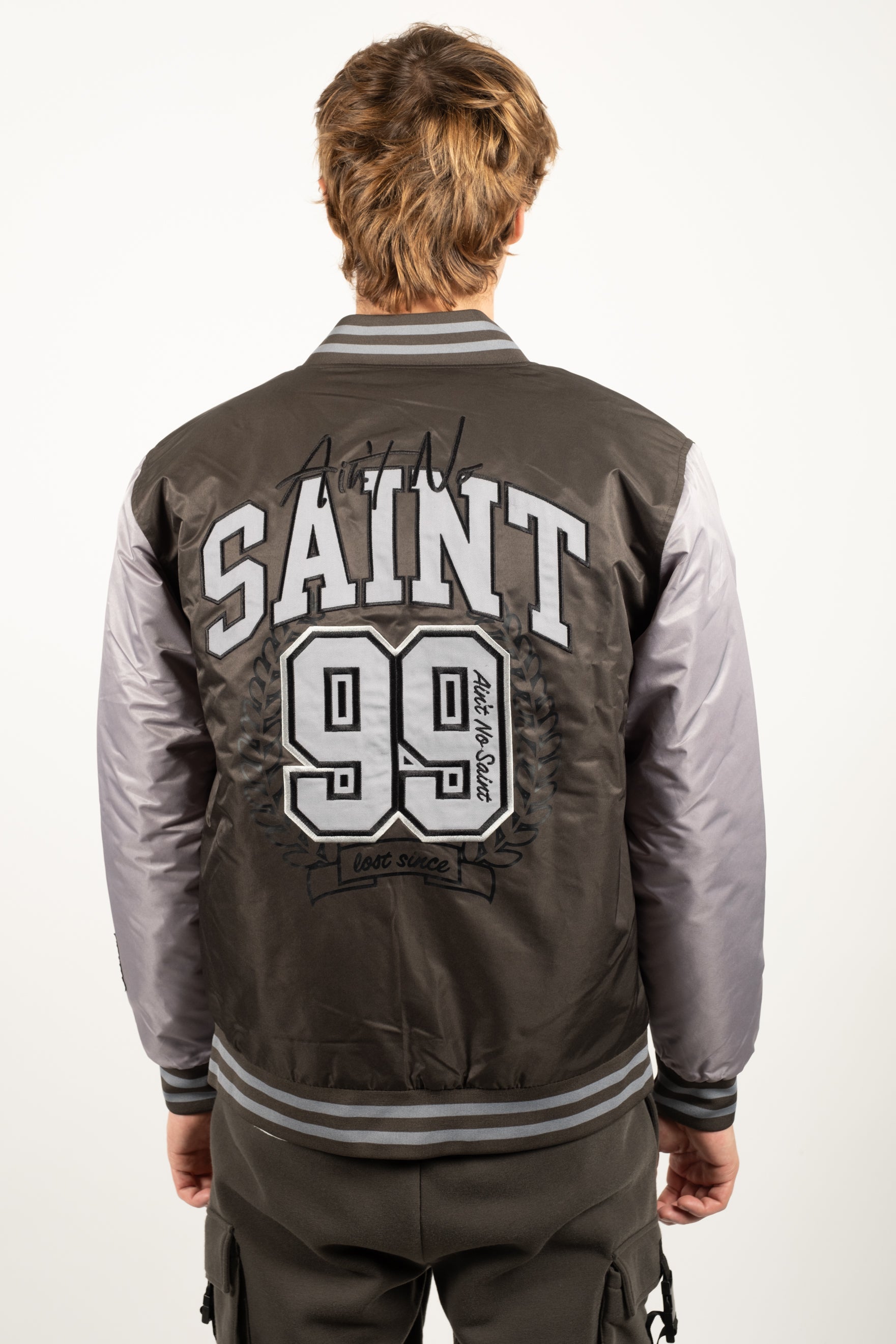 Graphic statement twill bomber jacket #color_dusty black