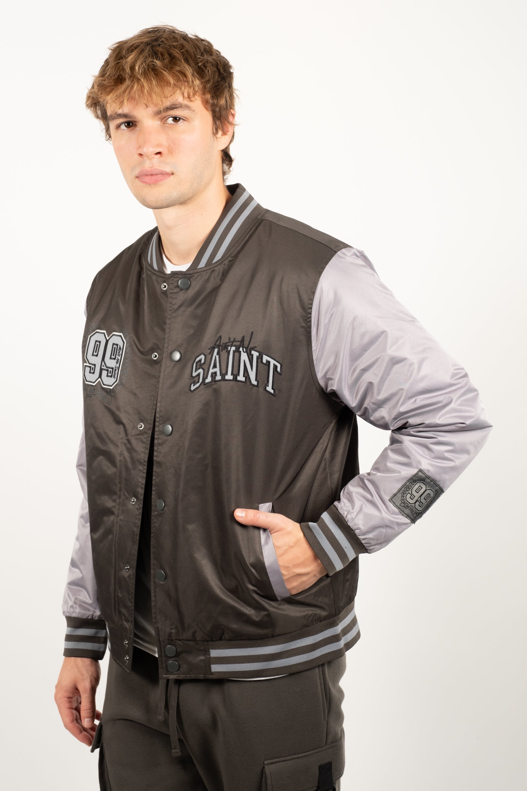 Statement 'Aint No Saint' Twill Bomber #color_dusty black
