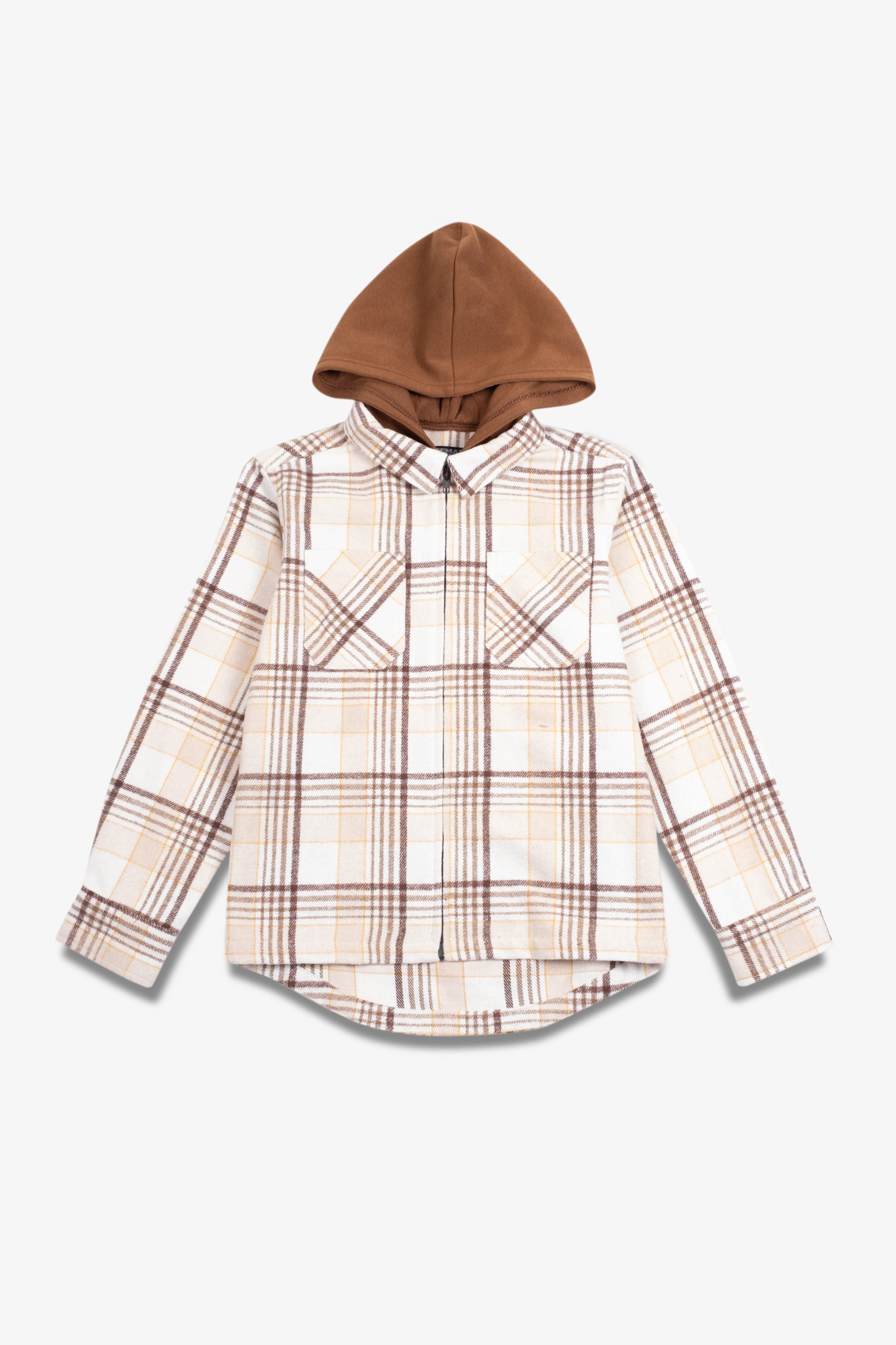 Kid's flannel zip shacket with a hood 
#color_cream