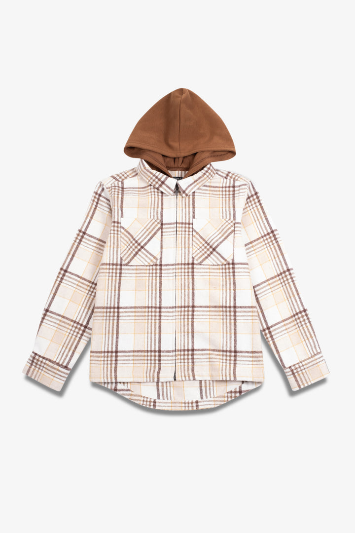 Kid's flannel zip shacket with a hood 
#color_cream