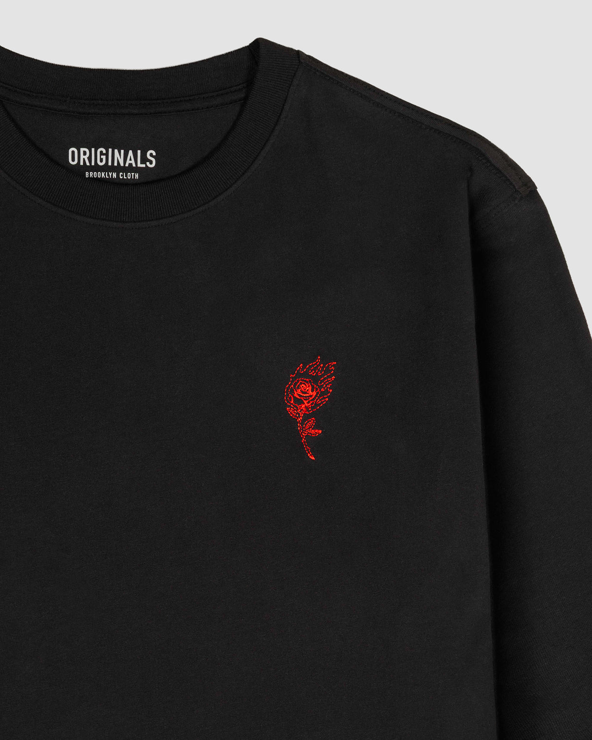 Flaming Rose Emb Heavyweight Long Sleeve Tee in Washed black