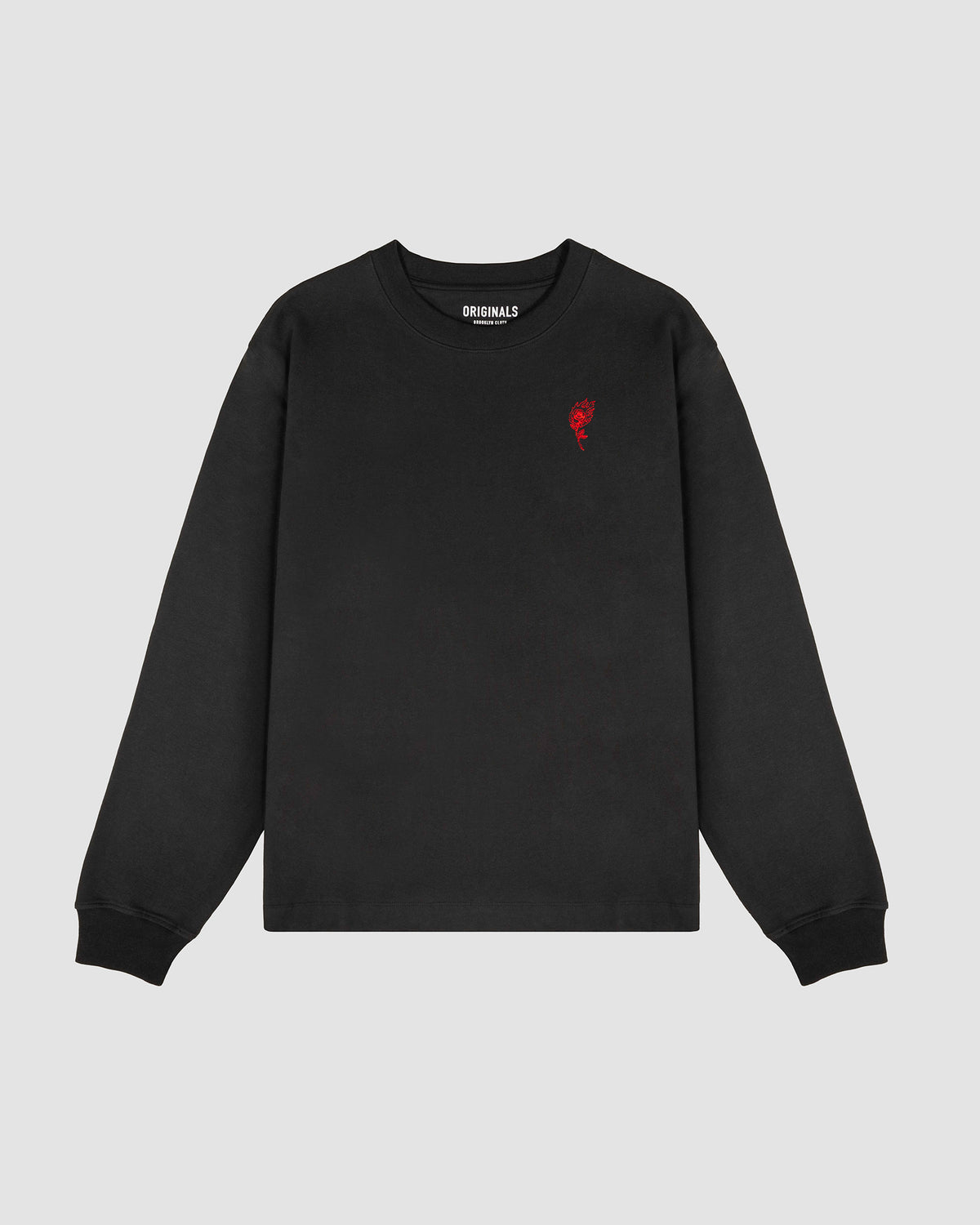Flaming Rose Emb Heavy Weight Long Sleeve Tee in Washed black