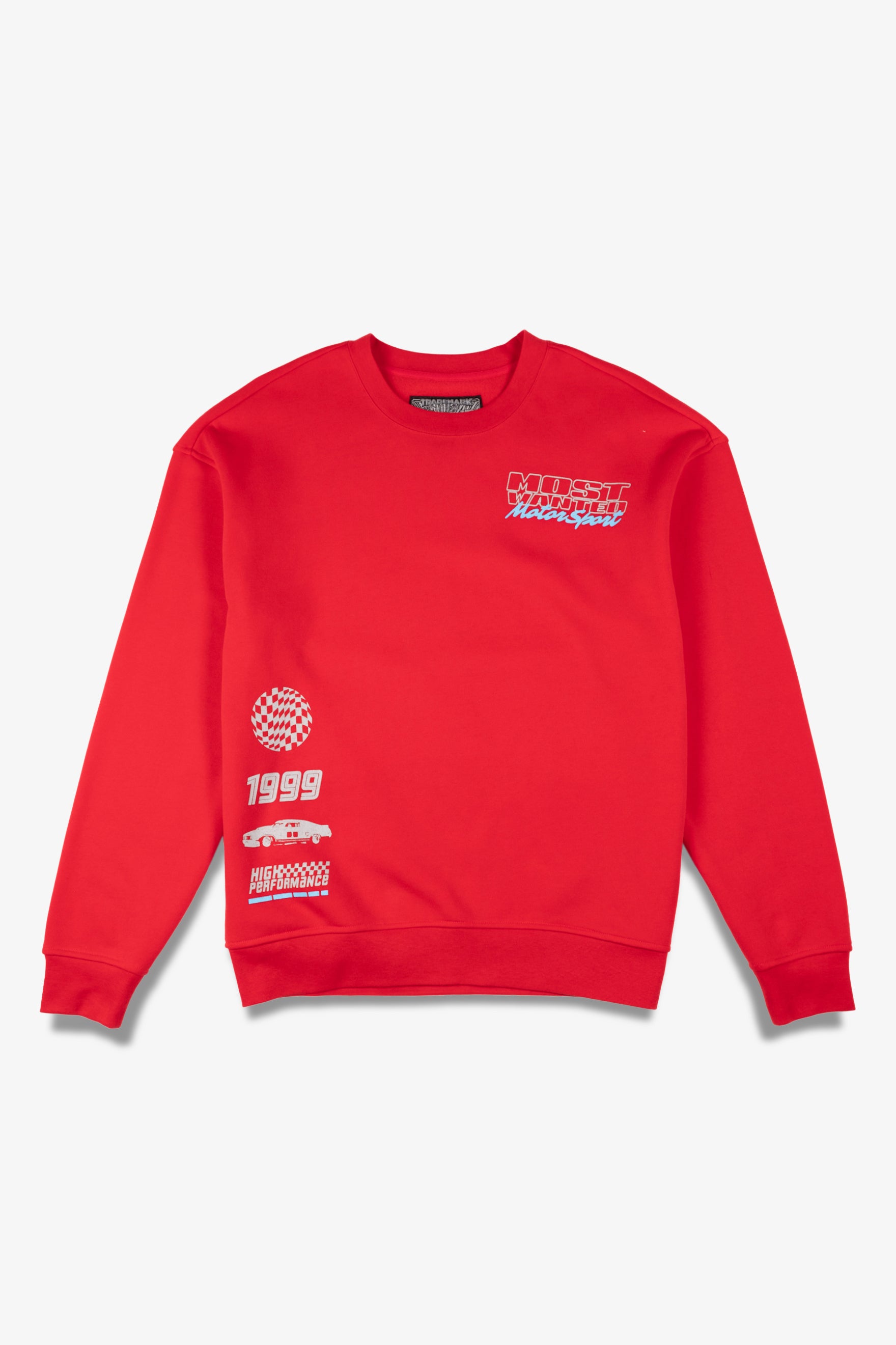 Casual crew neck sweatshirt featuring Most Wanted Motorsport design
#color_red