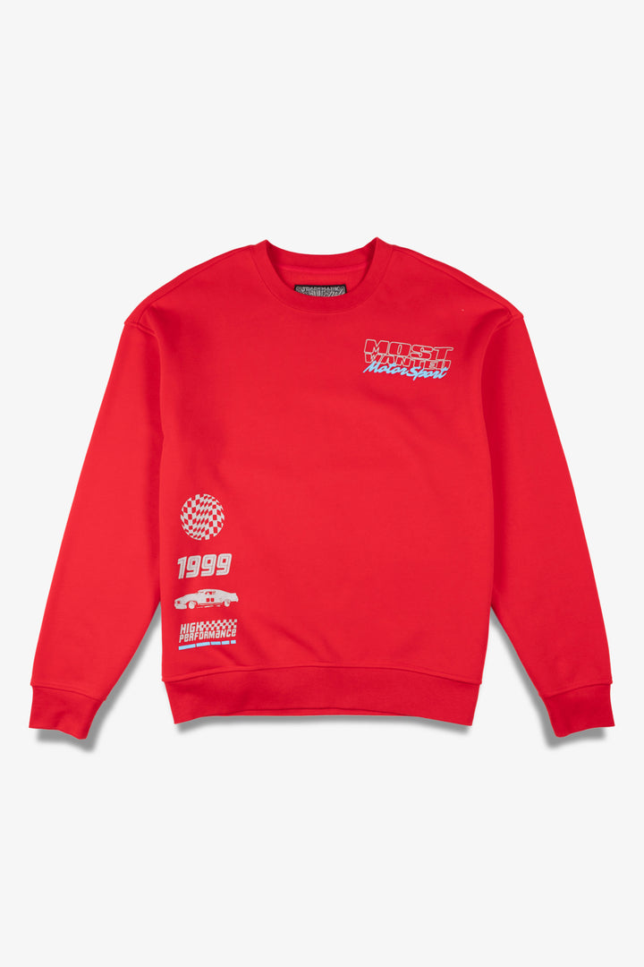 Casual crew neck sweatshirt featuring Most Wanted Motorsport design
#color_red