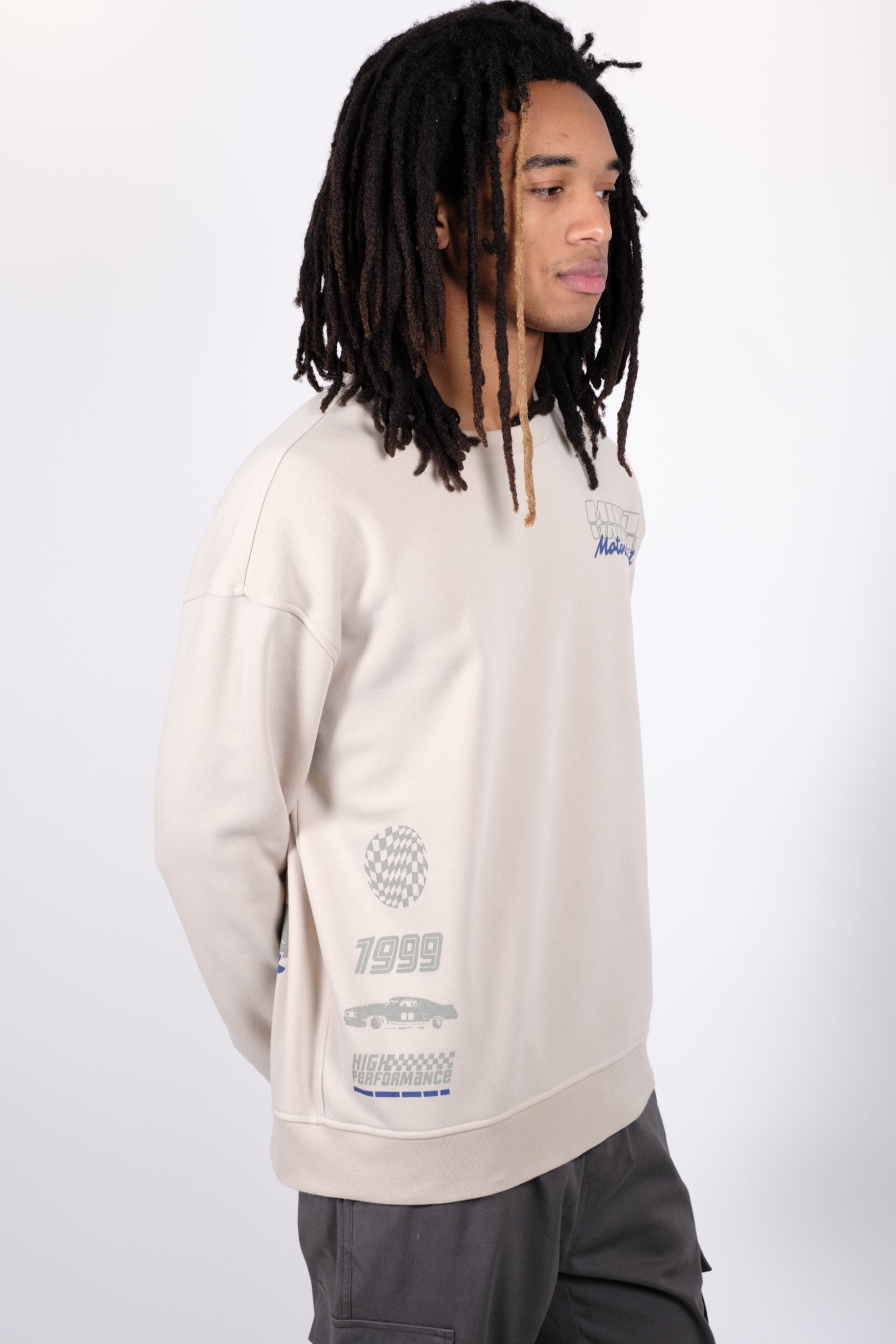 Men’s crew neck sweatshirt with Most Wanted Motorsport graphics
#color_sand
