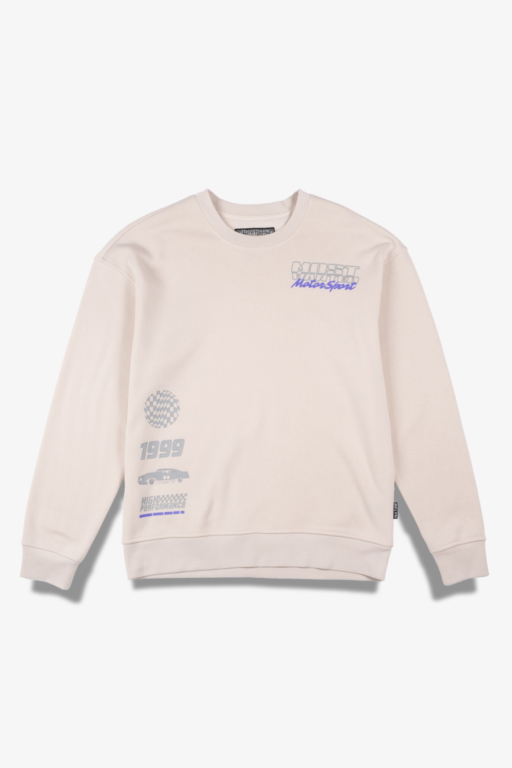Sporty crew neck sweatshirt with Most Wanted Motorsport graphics
#color_sand