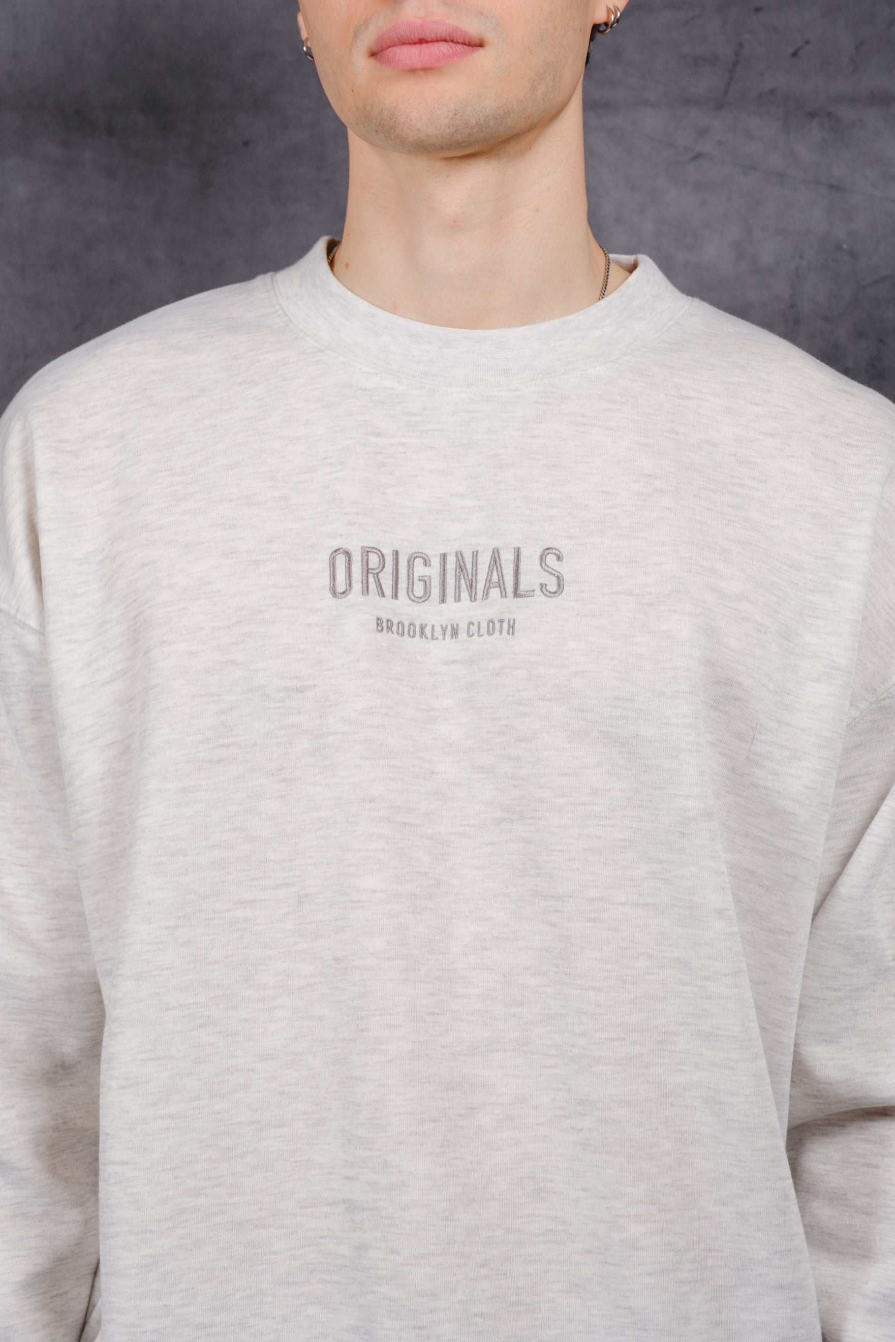 Brooklyn Cloth fleece crew neck with tonal embroidered design
#color_natural heather