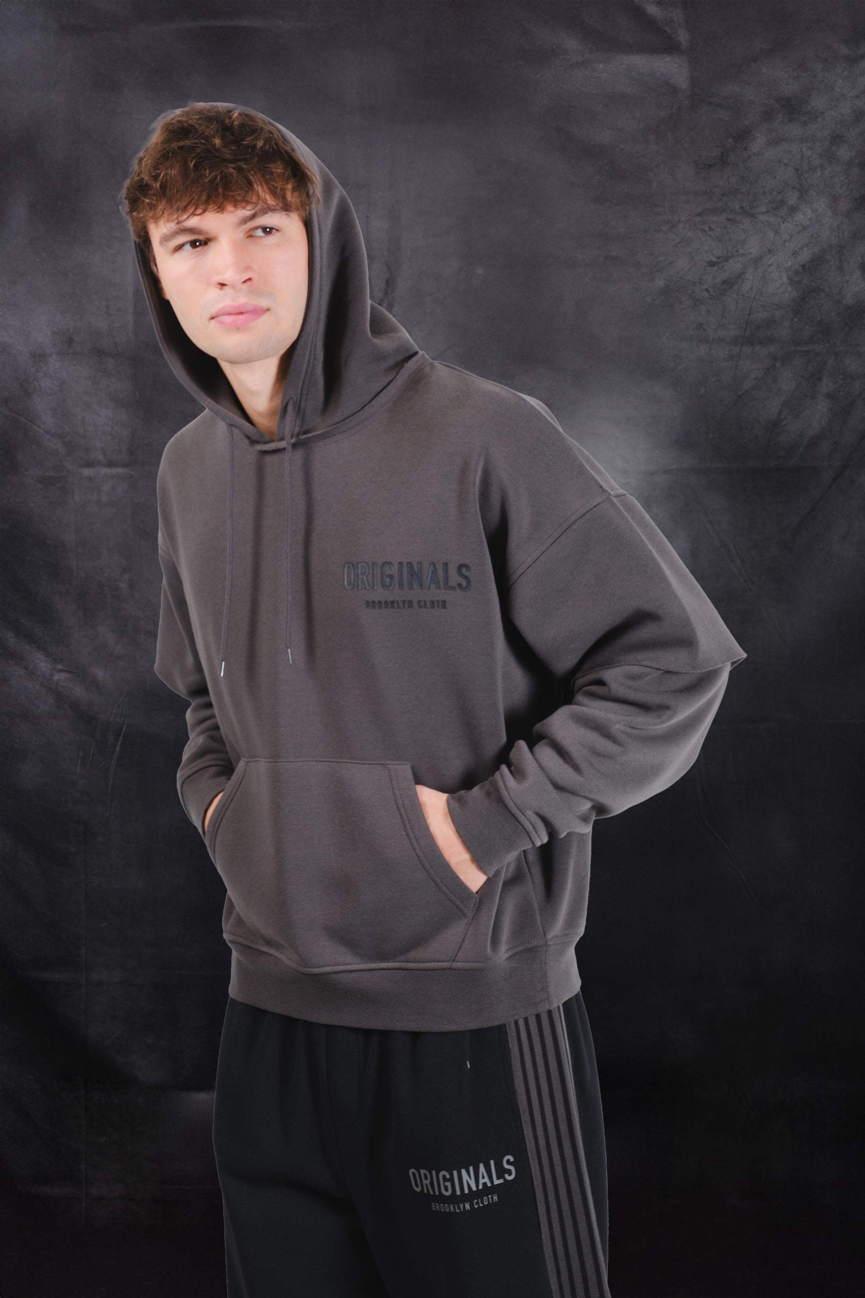 Men's comfy black fleece drawstring pullover hoodie. #color_dusty black