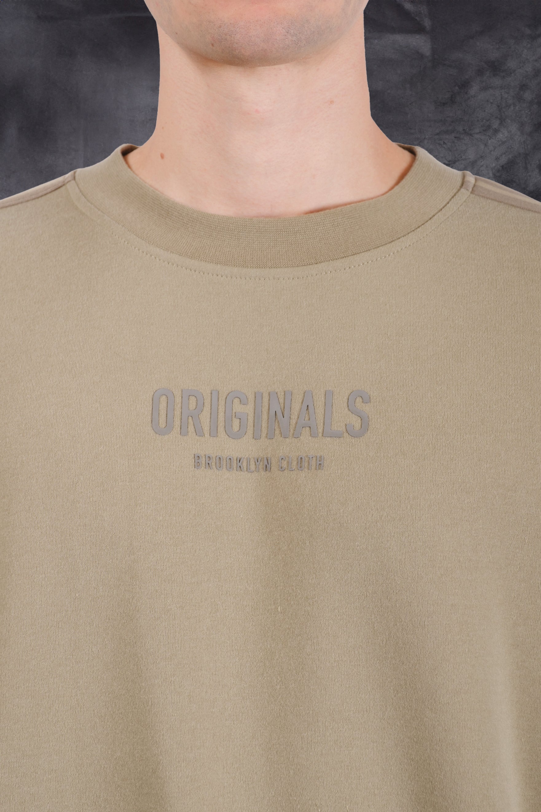 Olive grey mens crewneck sweatshirt with Originals logo on center 
#color_olive grey