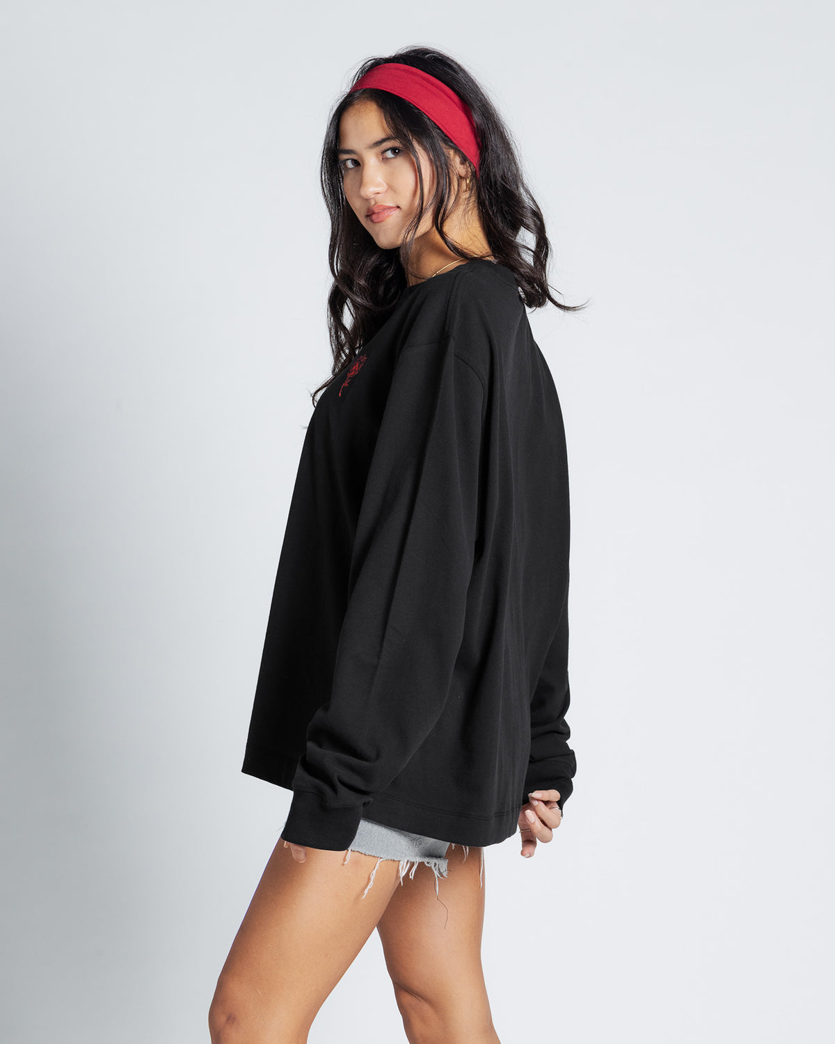 Flaming Rose Emb Heavyweight Long Sleeve Tee in Washed black