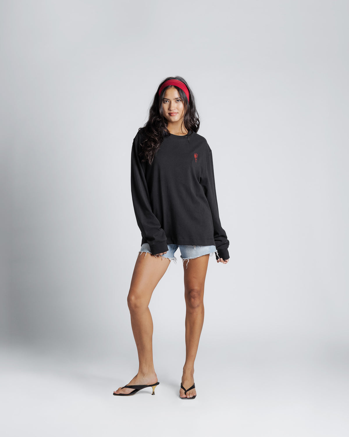 Flaming Rose Emb Heavyweight Long Sleeve Tee in Washed black
