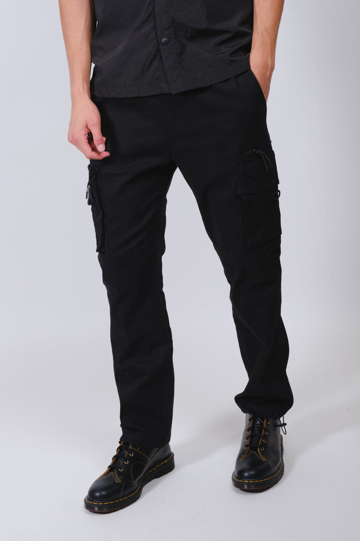 Men's black stretch twill zip pocket pant with contrast zippers
#color_black
