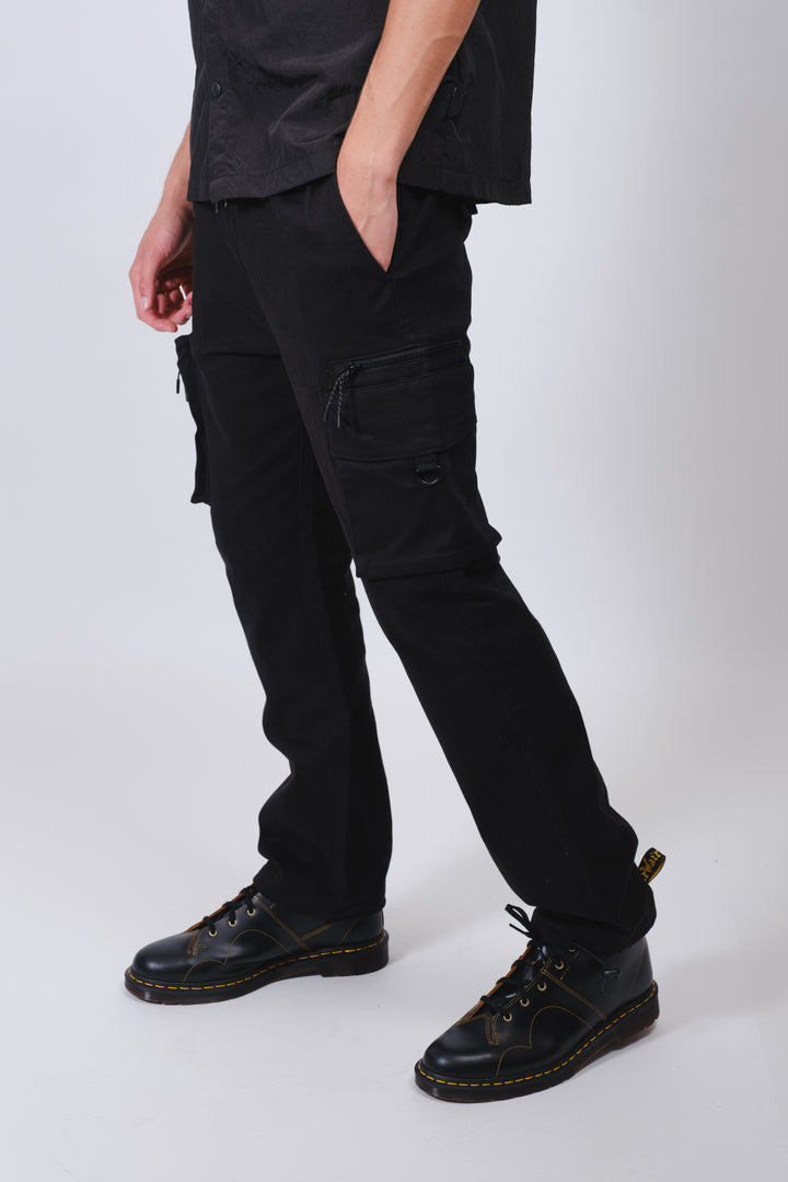 Versatile black men's stretch twill zip pocket pants 
#color_black